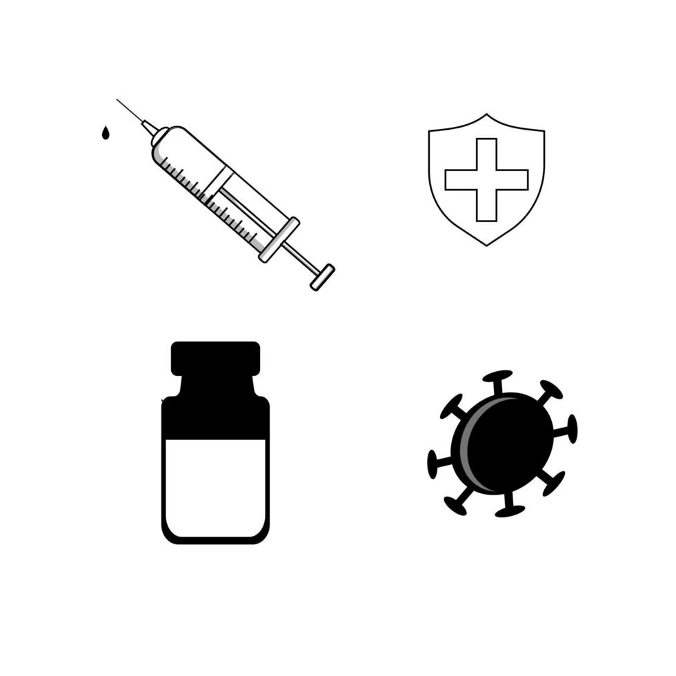 jeringa, vial de vacuna, germen de virus y conjunto de iconos de escudo protector médico, inyección de vacuna de tratamiento, logotipo de contorno simple plano médico, aislado en fondo blanco, ilustración vectorial vector