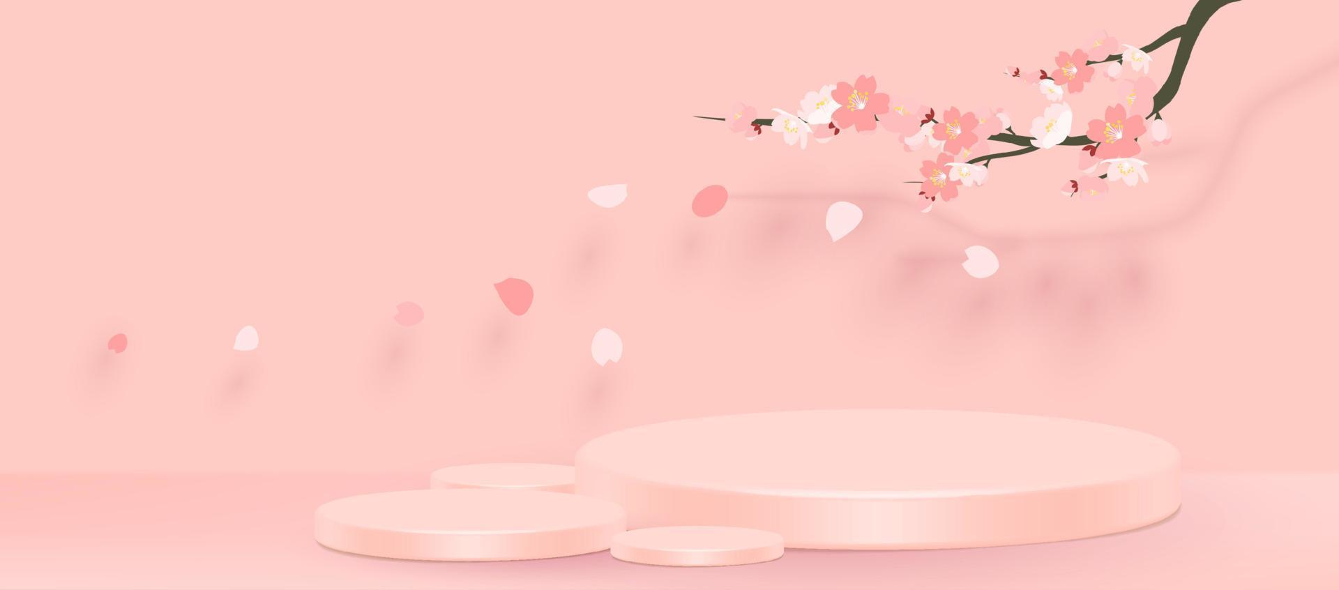 Abstract minimal scene with geometric forms. cylinder podium in pink background with pink sakura flower. product presentation, mockup, show product, podium, stage pedestal or platform. 3d vector. vector