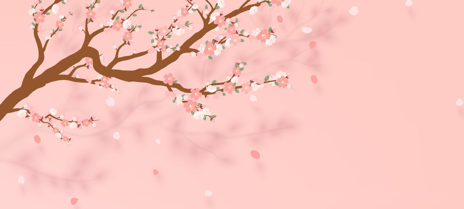 Blossoming branch of sakura - Japanese cherry tree with falling petal. Beautiful cherry blossom pink - violet, isolated on white background. Vector illustration