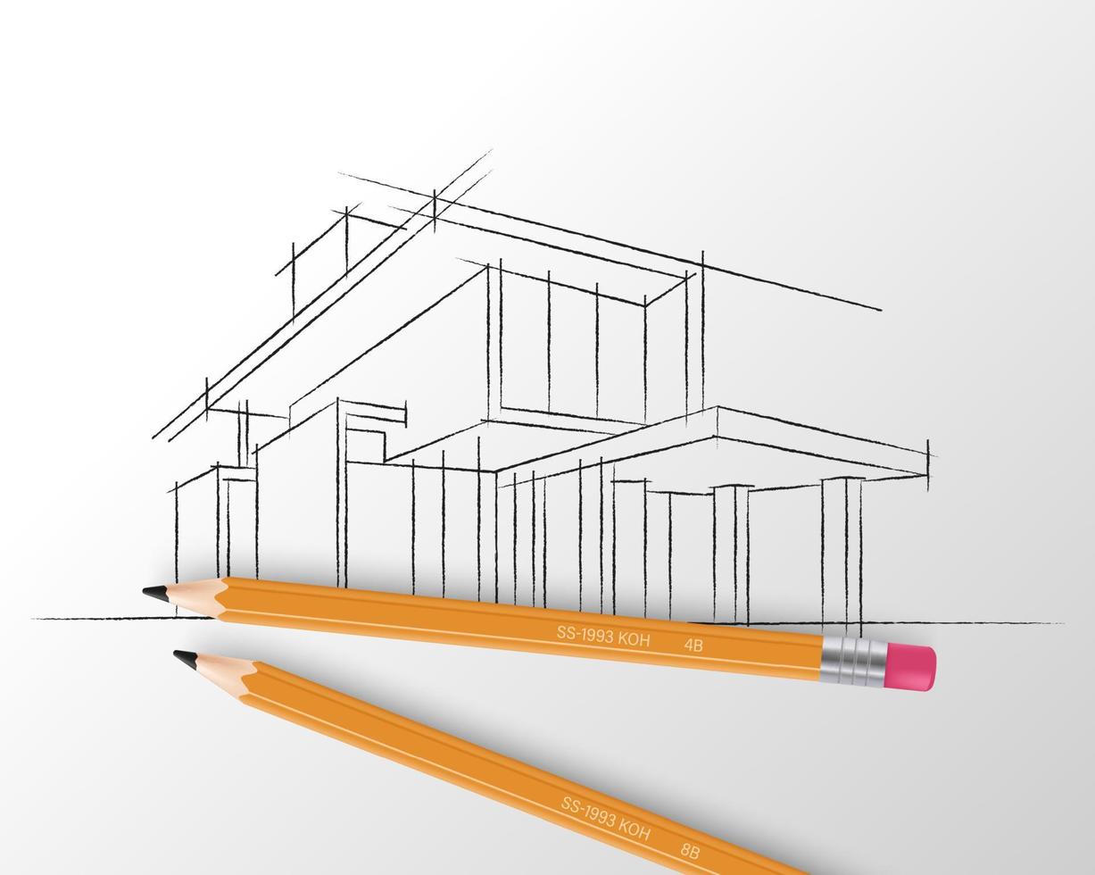 Sketch of house architecture. Handrawing residence vector illustration. Construction sketch and pencils vector illustration.