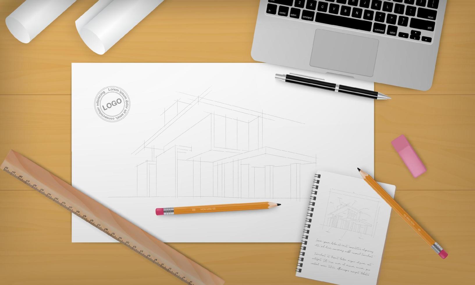 Workplace - Construction project architect house plan with tools, laptop and notebook. Construction background. Vector Illustration