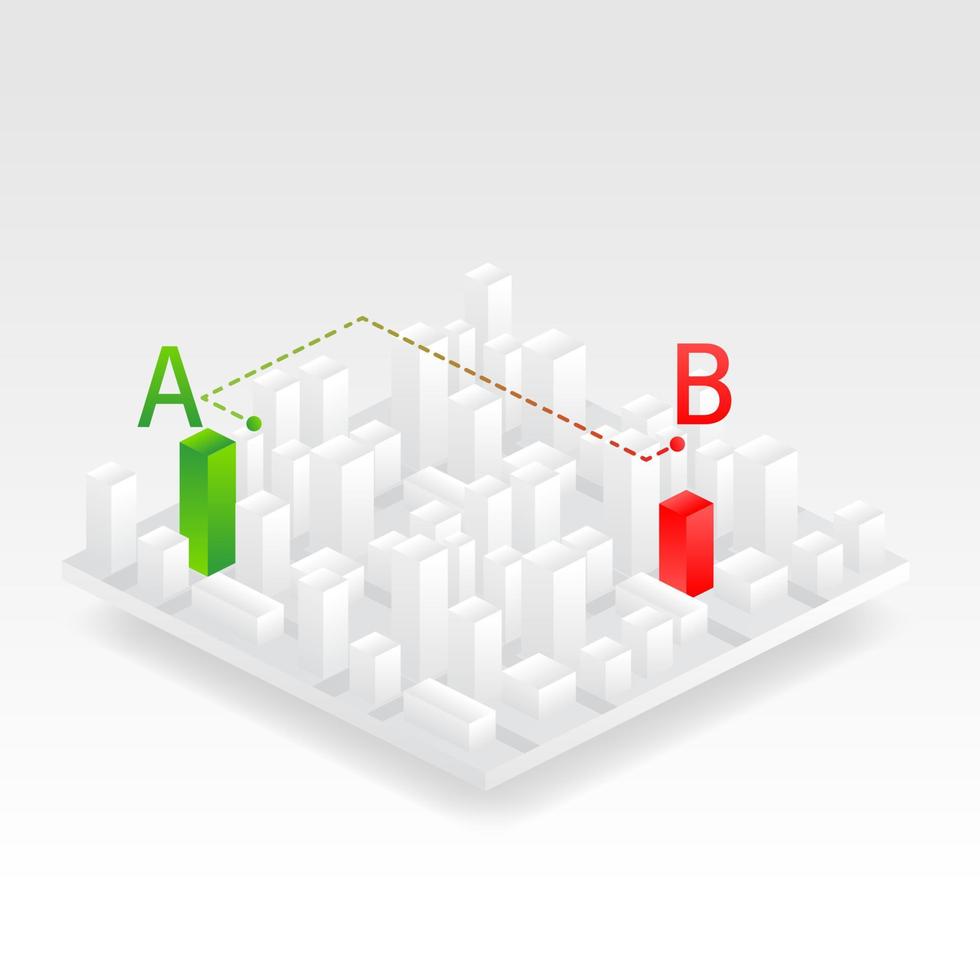 Isometric city vector illustration. City street map plan with GPS pins and navigation route from A to B point markers. Vector perspective view isometric illustration.