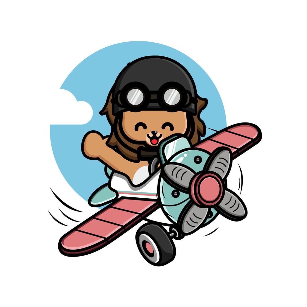 Cute little lion flying with airplane illustration vector