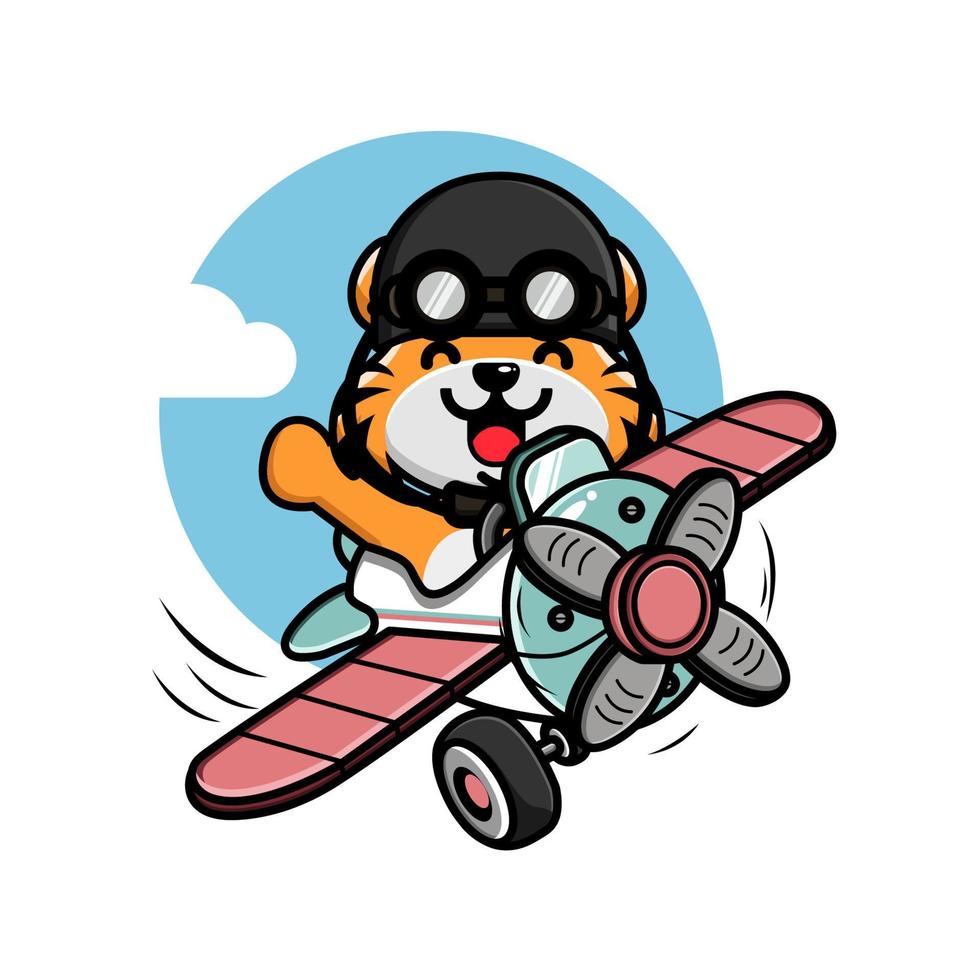 lindo pequeño tigre volando con ilustración de avión vector