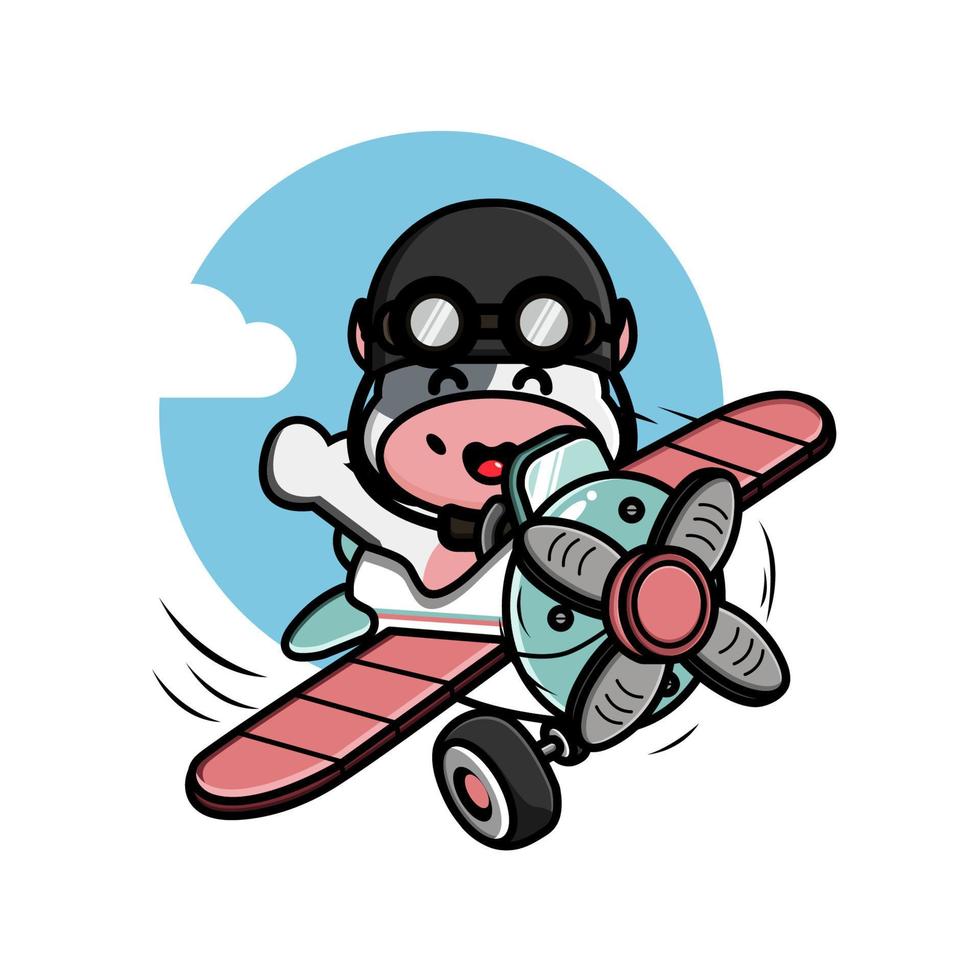 Cute little cow flying with airplane illustration vector