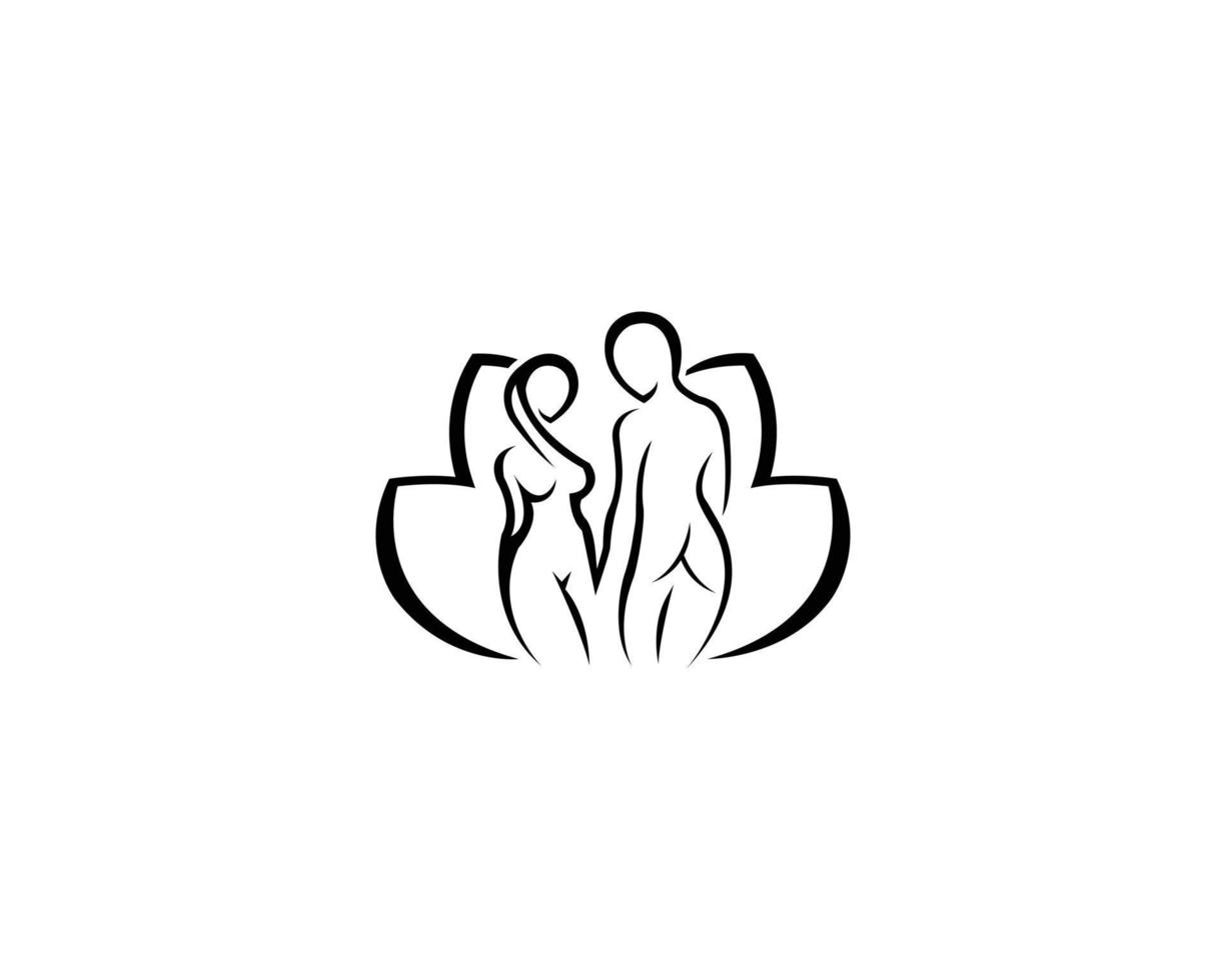 Man And Women Naked Body Logo Design with Lotus Flower Symbol Vector Template.