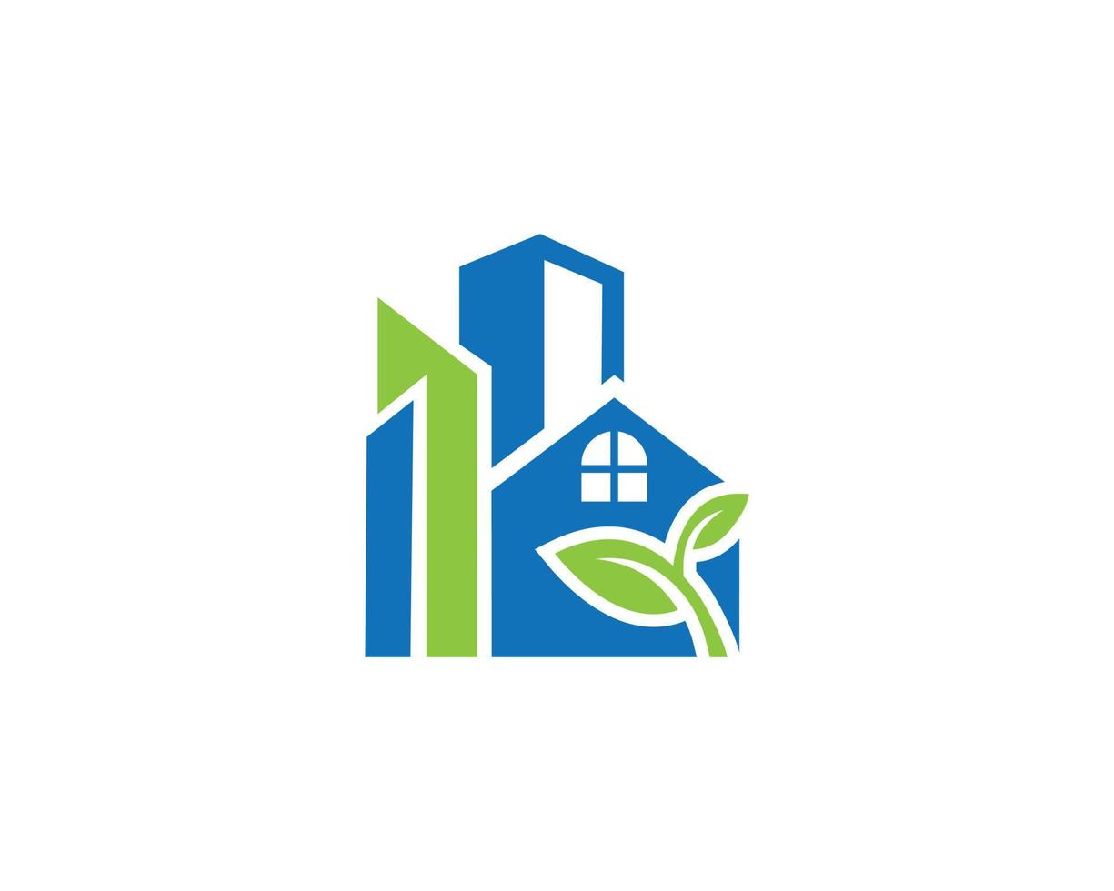 diseño de logotipo de casa y ciudad verde con plantilla de vector de elemento de concepto de símbolo de hoja.