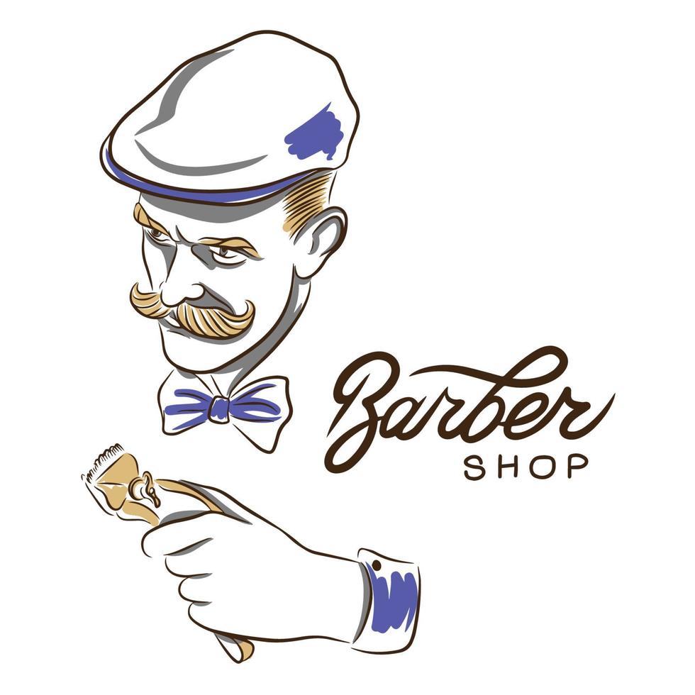 Barber shop, man with mustache, hair cutting accessories beauty salon decoration vector