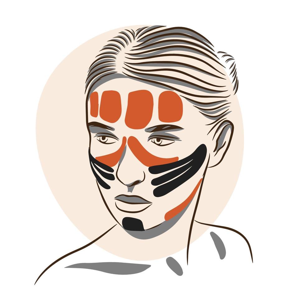 Portrait of a girl, self care, taping technique, kinesiology facial taping vector