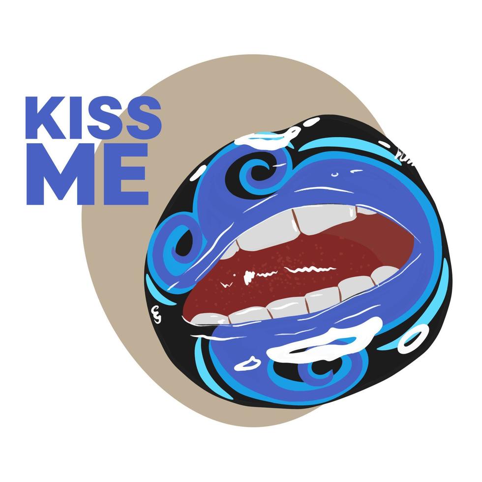 Nautical design, kiss me, inscription, stylish card with painted lips, bright makeup vector