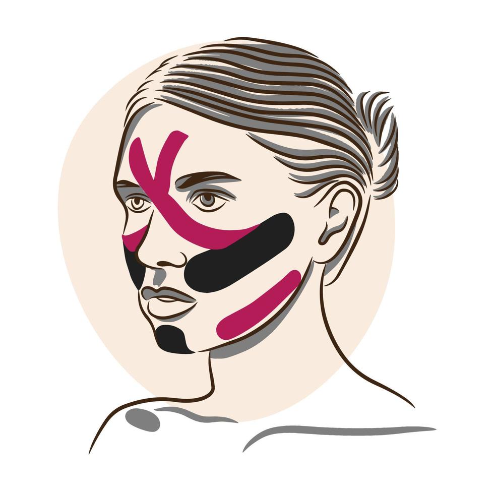 Taping technique, kinesiology facial taping, body care vector