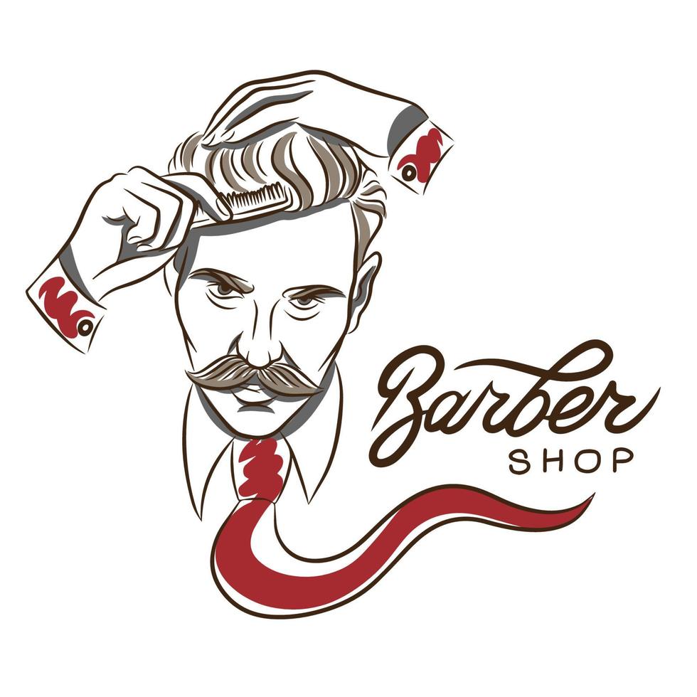 barbería, hombre guapo con bigote peinándose, decoración de salón de belleza vector