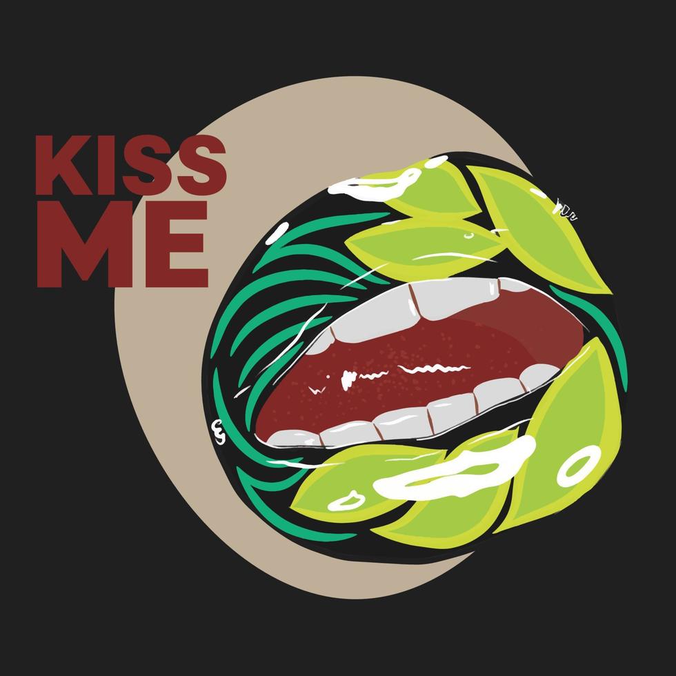 Green art, Kiss me lettering, stylish card with painted lips, bright makeup design vector