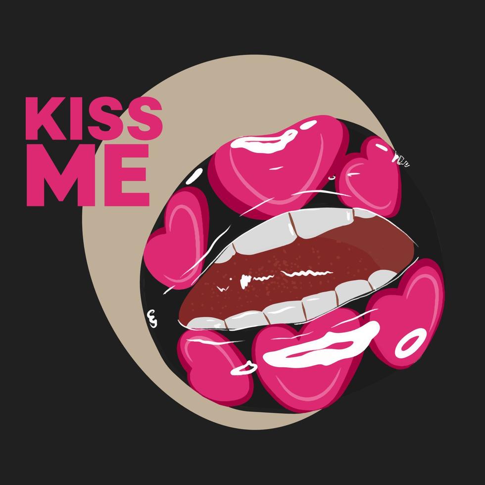 Pink hearts, Kiss me lettering, stylish card with painted lips vector