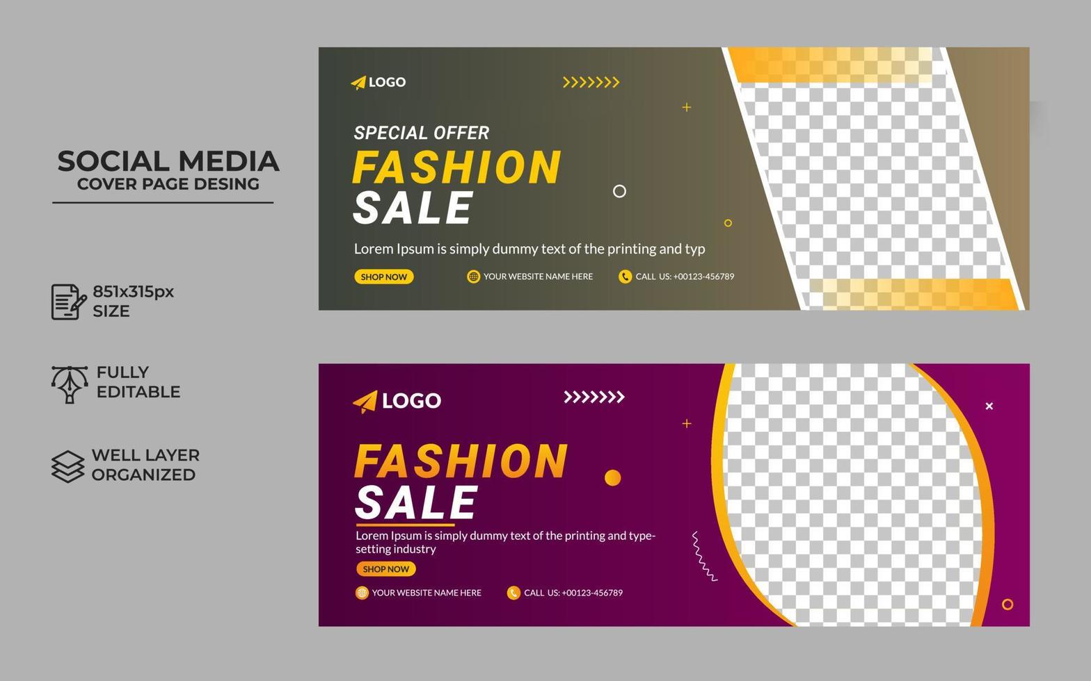 fashion sale social media post facebook cover template,  Modern and creative business cover banner design. Business Facebook cover page timeline vector