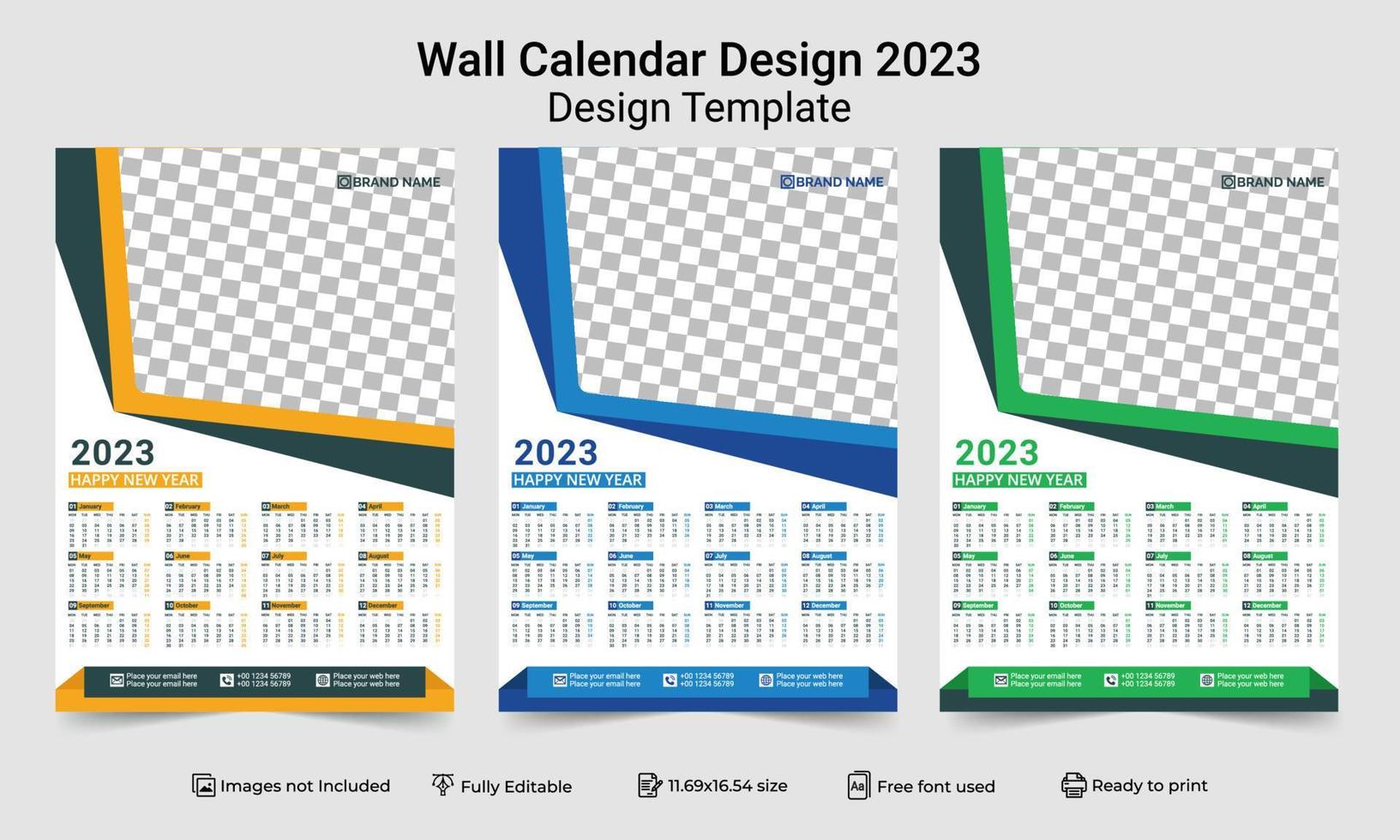 1 Page Wall Calendar 2023 template with 3 Color Variation design. Print Ready One Page wall calendar template design for 2023. 2023 Calendar year vector illustration. one Page Wall Calendar 2023