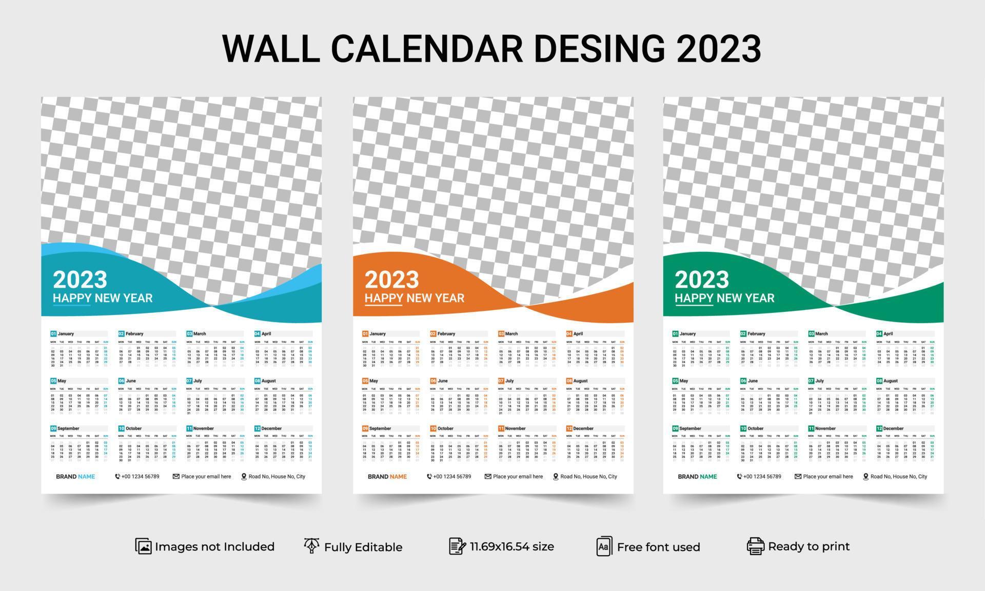 1 Page Wall Calendar 2023 template with 3 Color Variation design. Print