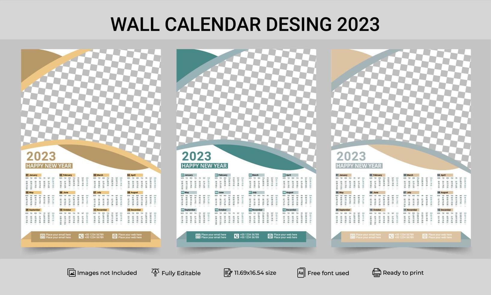 1 Page Wall Calendar 2023 template with 3 Color Variation design. Print Ready One Page wall calendar template design for 2023. 2023 Calendar year vector illustration. one Page Wall Calendar 2023