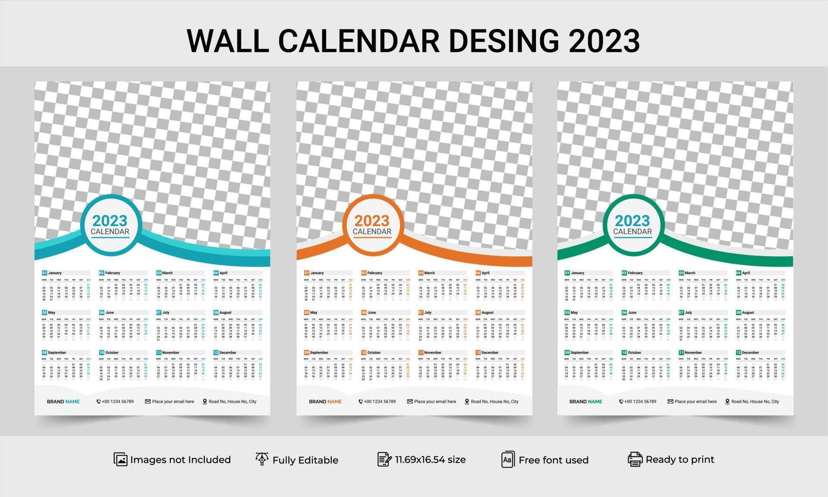 1 Page Wall Calendar 2023 template with 3 Color Variation design. Print Ready One Page wall calendar template design for 2023. 2023 Calendar year vector illustration. one Page Wall Calendar 2023