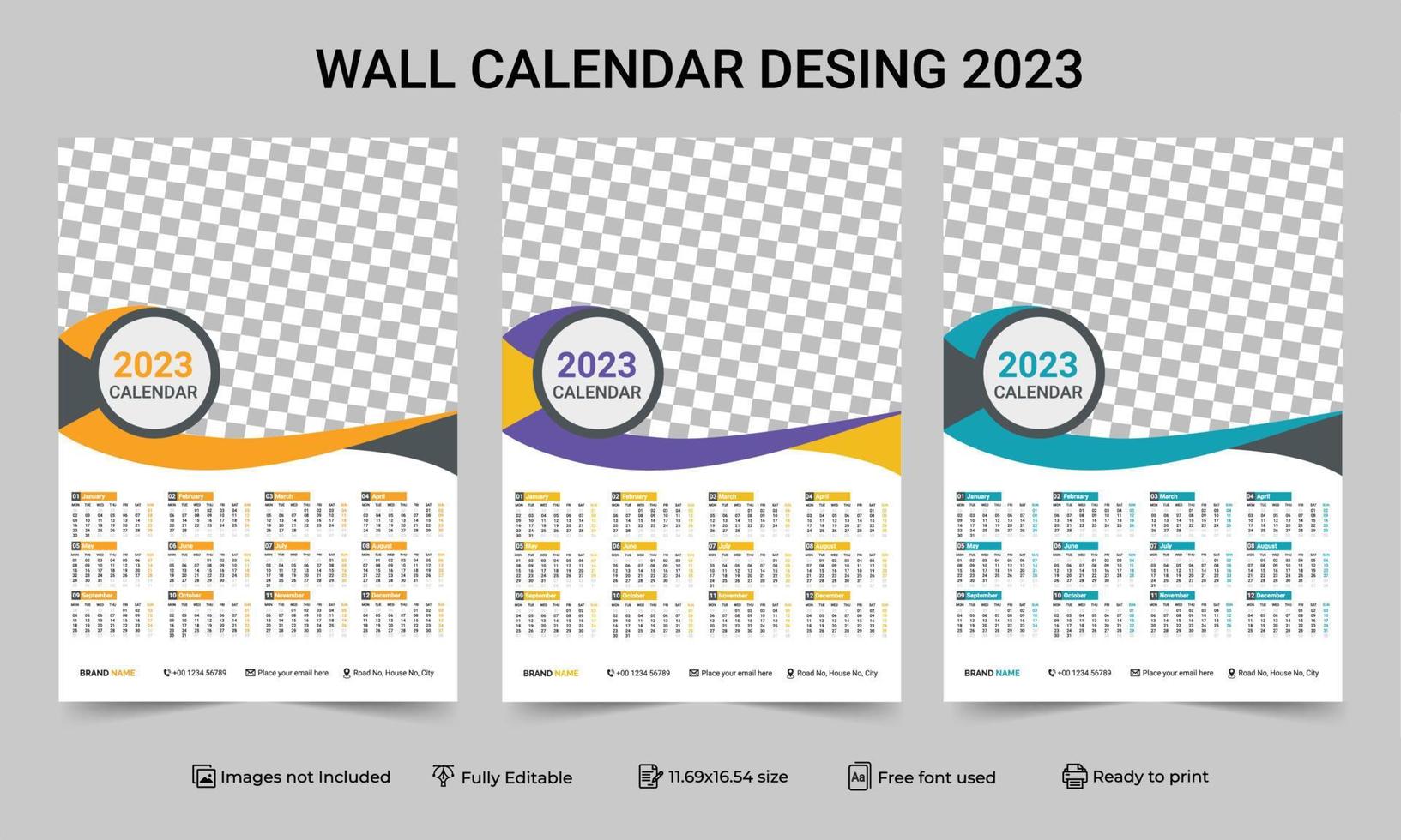 Plantilla de calendario de pared de 1 página 2023 con diseño de variación de 3 colores. diseño de plantilla de calendario de pared de una página listo para imprimir para 2023. Ilustración de vector de año calendario 2023. calendario de pared de una página 2023