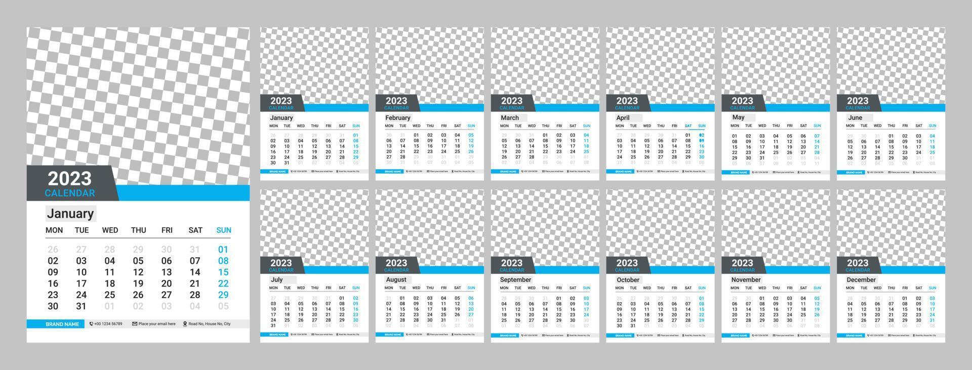 calendario de pared diseño 2023. calendario mensual 2023. 12 meses. plantilla de página de calendario editable vector