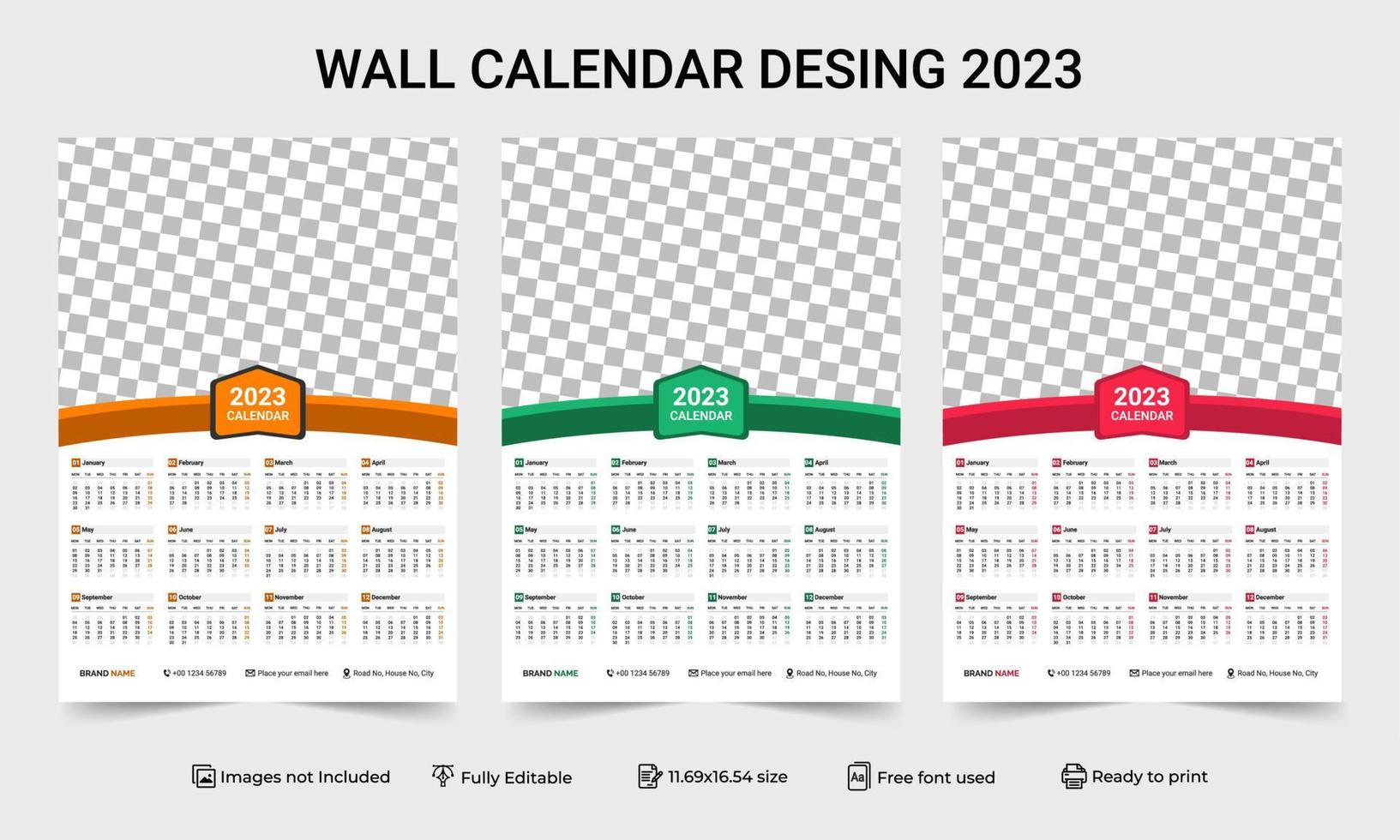 1 Page Wall Calendar 2023 template with 3 Color Variation design. Print
