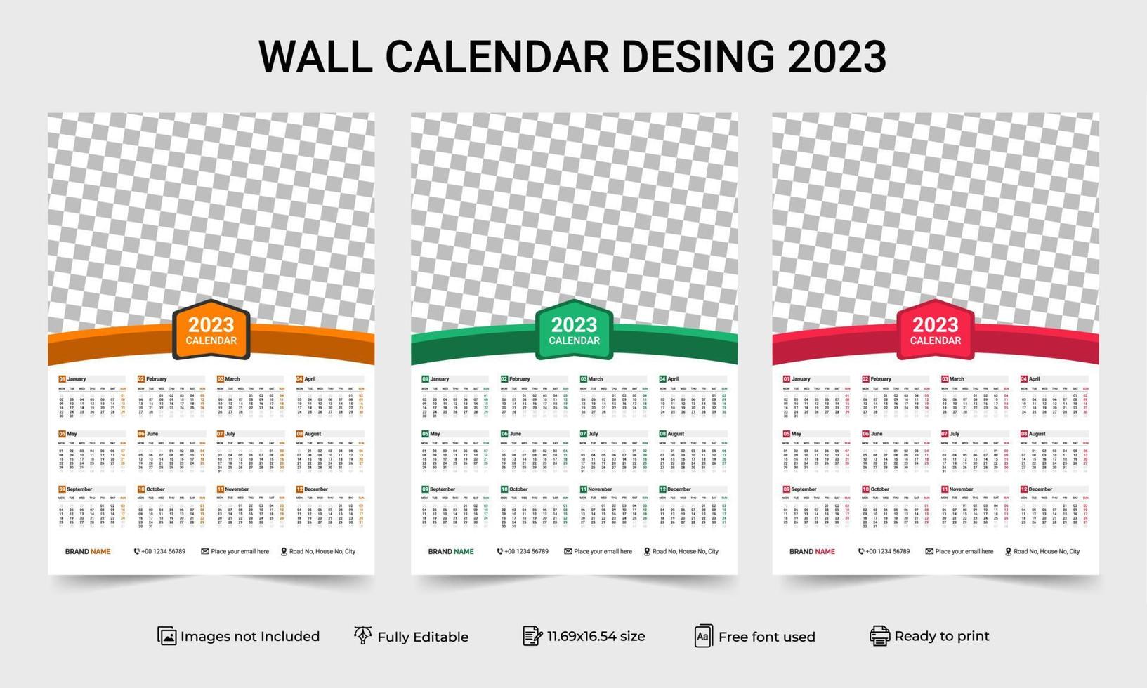 1 Page Wall Calendar 2023 template with 3 Color Variation design. Print Ready One Page wall calendar template design for 2023. 2023 Calendar year vector illustration. one Page Wall Calendar 2023