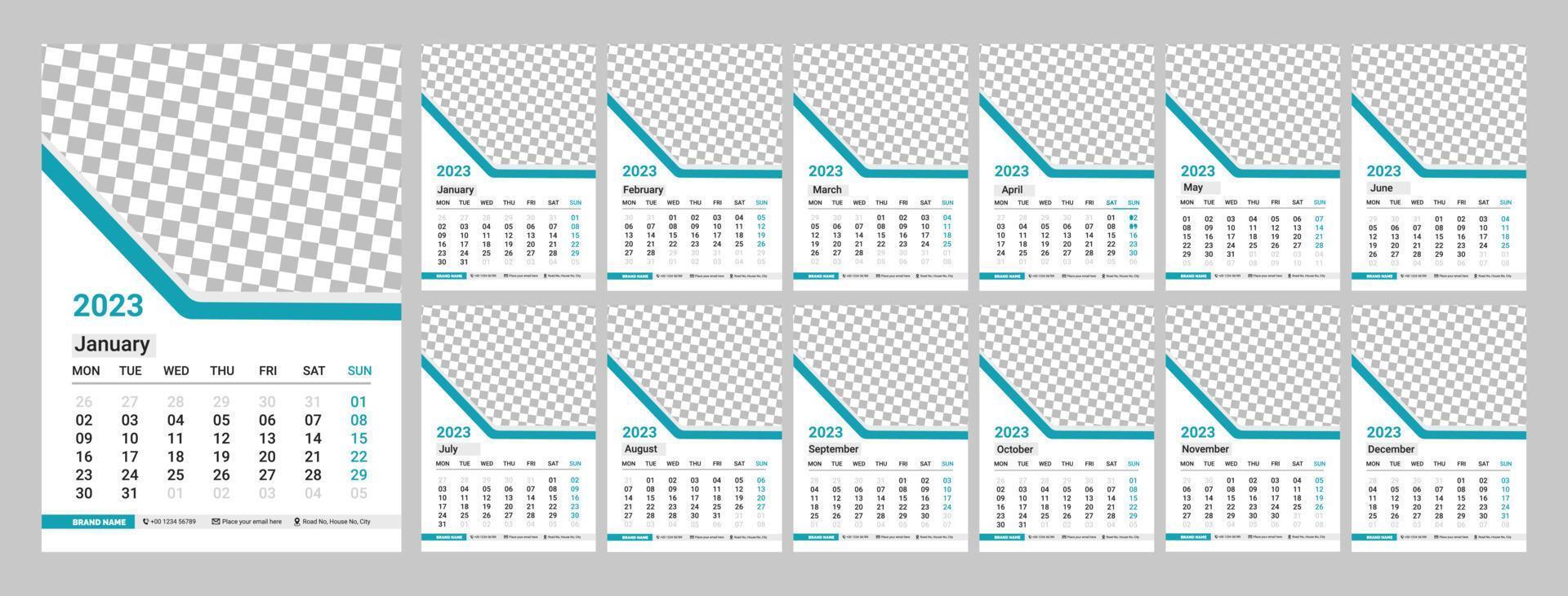 Wall calendar desing 2023. Monthly calender 2023. 12 months. Editable calendar page template vector