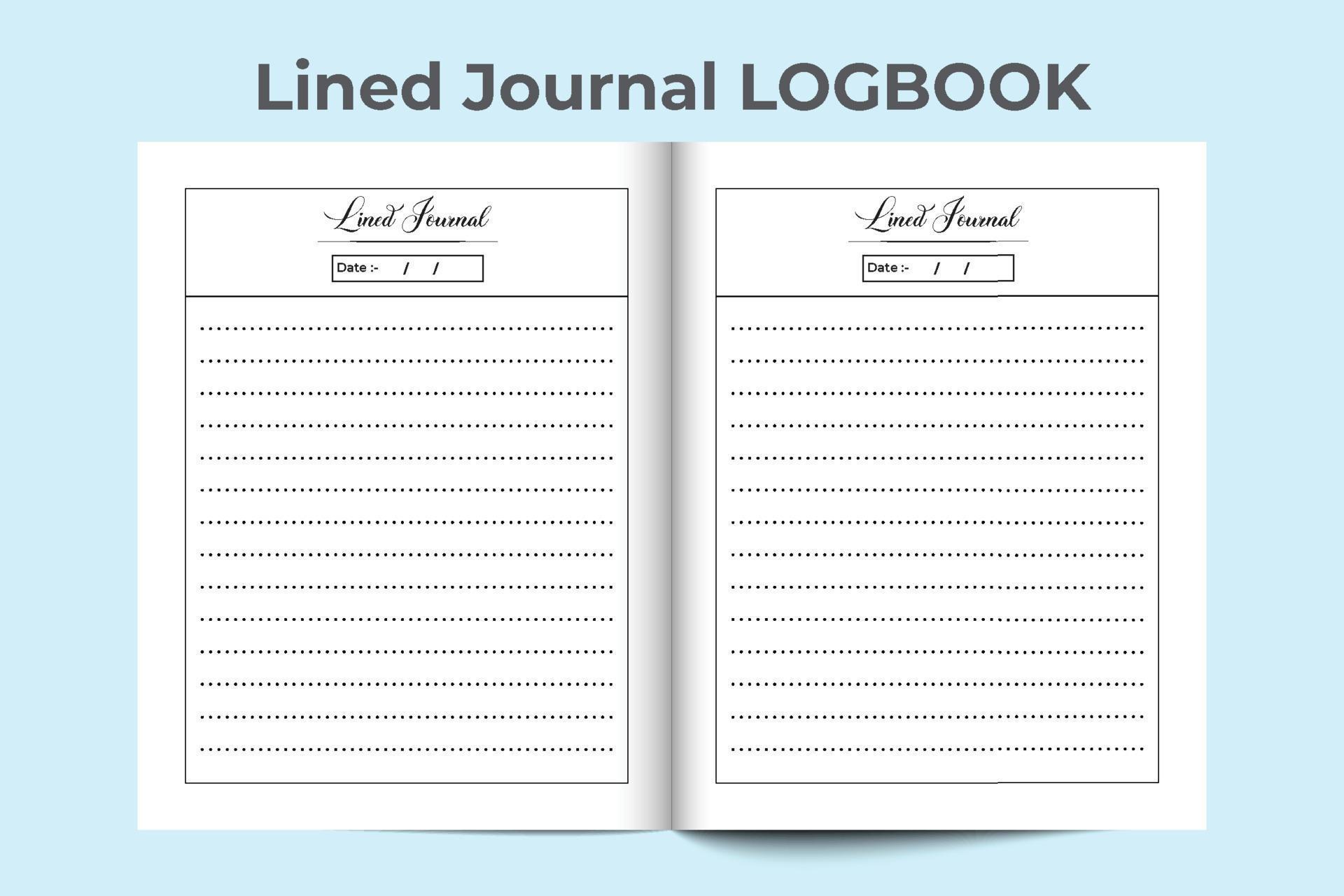 Lined journal notebook interior. Lined journal log book with a pencil. Logbook interior. Diary