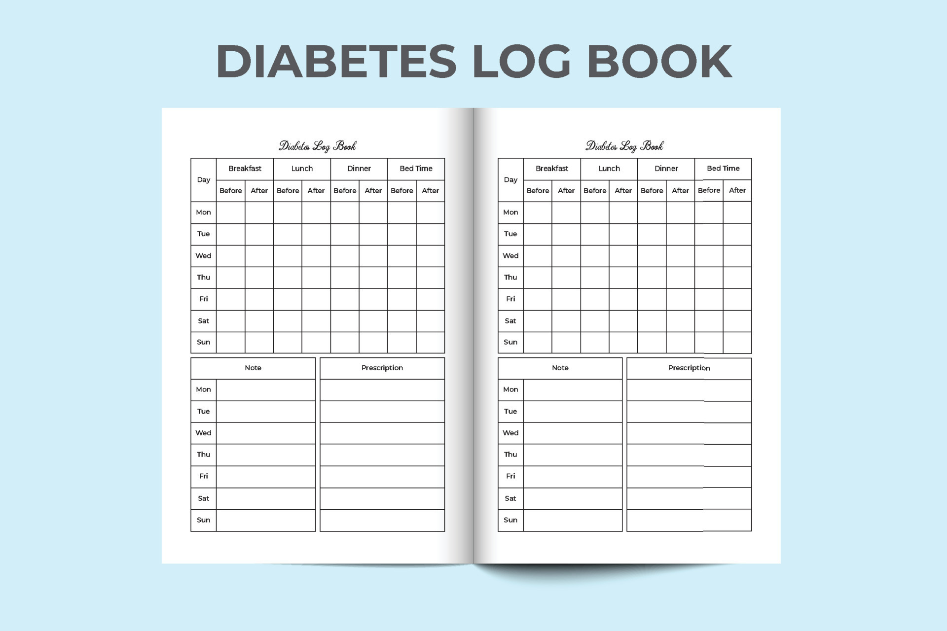 Diabetes log book interior. Weekly diabetes checker notebook. Medical log book and diabetes