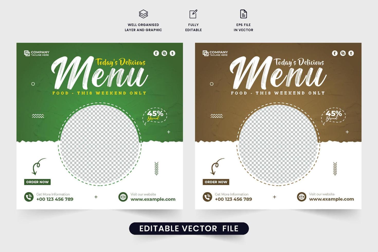 Restaurant social media post template with green and mud colors. Modern restaurant advertisement poster design with abstract shapes. Food menu template vector for digital marketing.