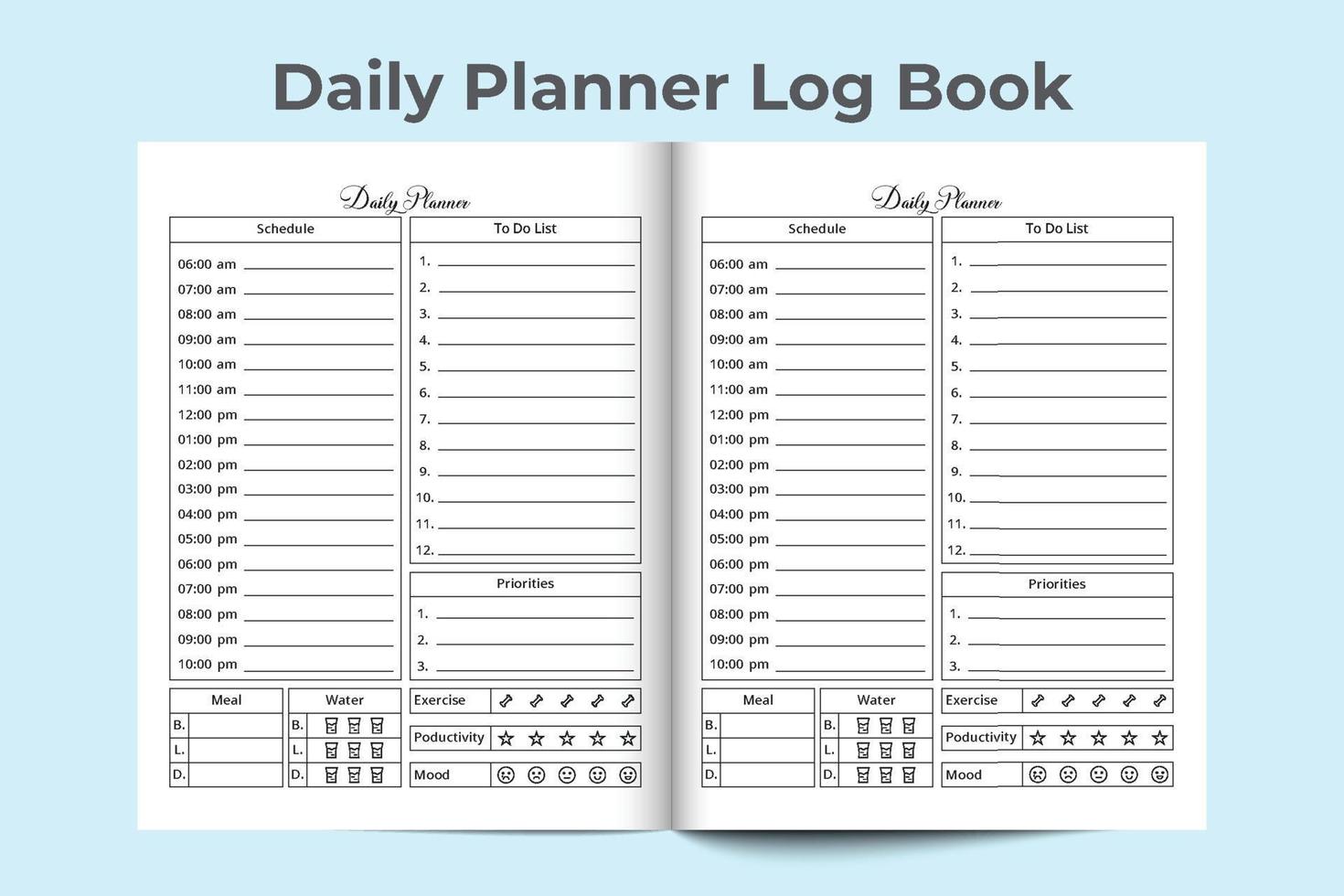 Daily planner journal interior. Daily routine planner notebook interior. Daily schedule journal interior. Daily planner log book template. Work schedule template interior. Task log book. vector