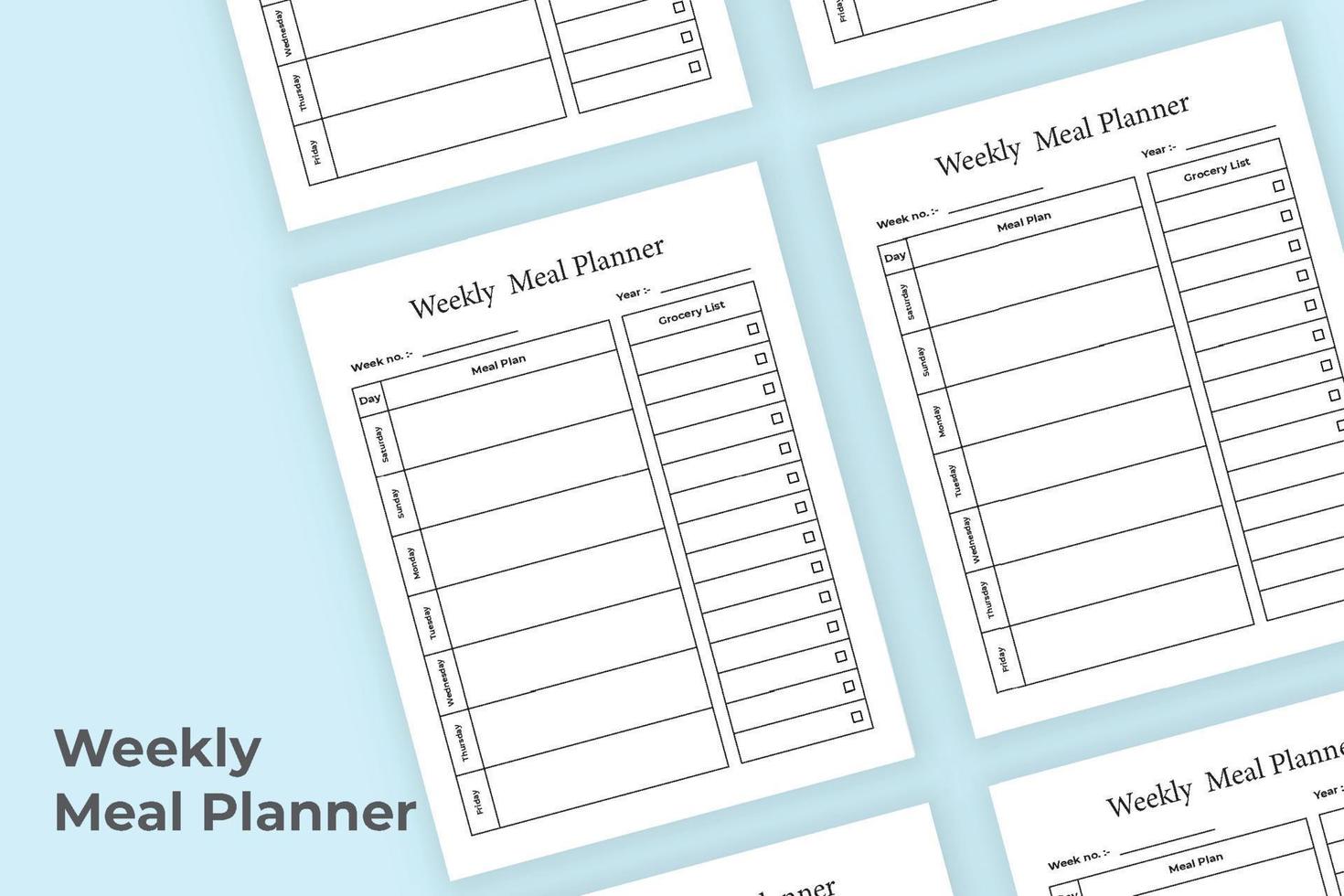 Weekly meal planner interior. Logbook interior. Weekly meal planner template. Grocery list template. Meal planner notebook interior. Weekly grocery list log book. vector