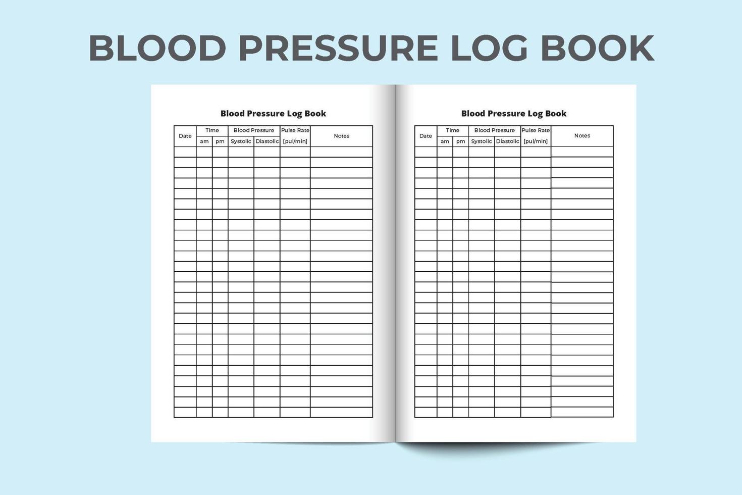 Blood pressure log book interior. Blood pressure logbook and pulse tracker. Blood pressure notebook. Pulse tracker journal. Blood pressure notebook interior. Log book interior. vector