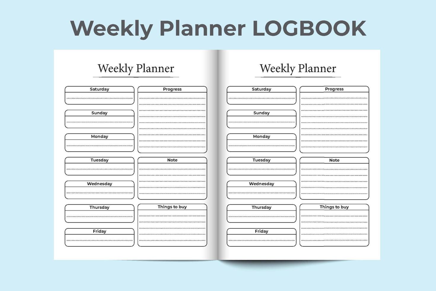 Weekly planner interior. Weekly work list journal template. Weekly planner logbook template. Notebook interior. Work list planner template. Weekly planner notebook interior. vector