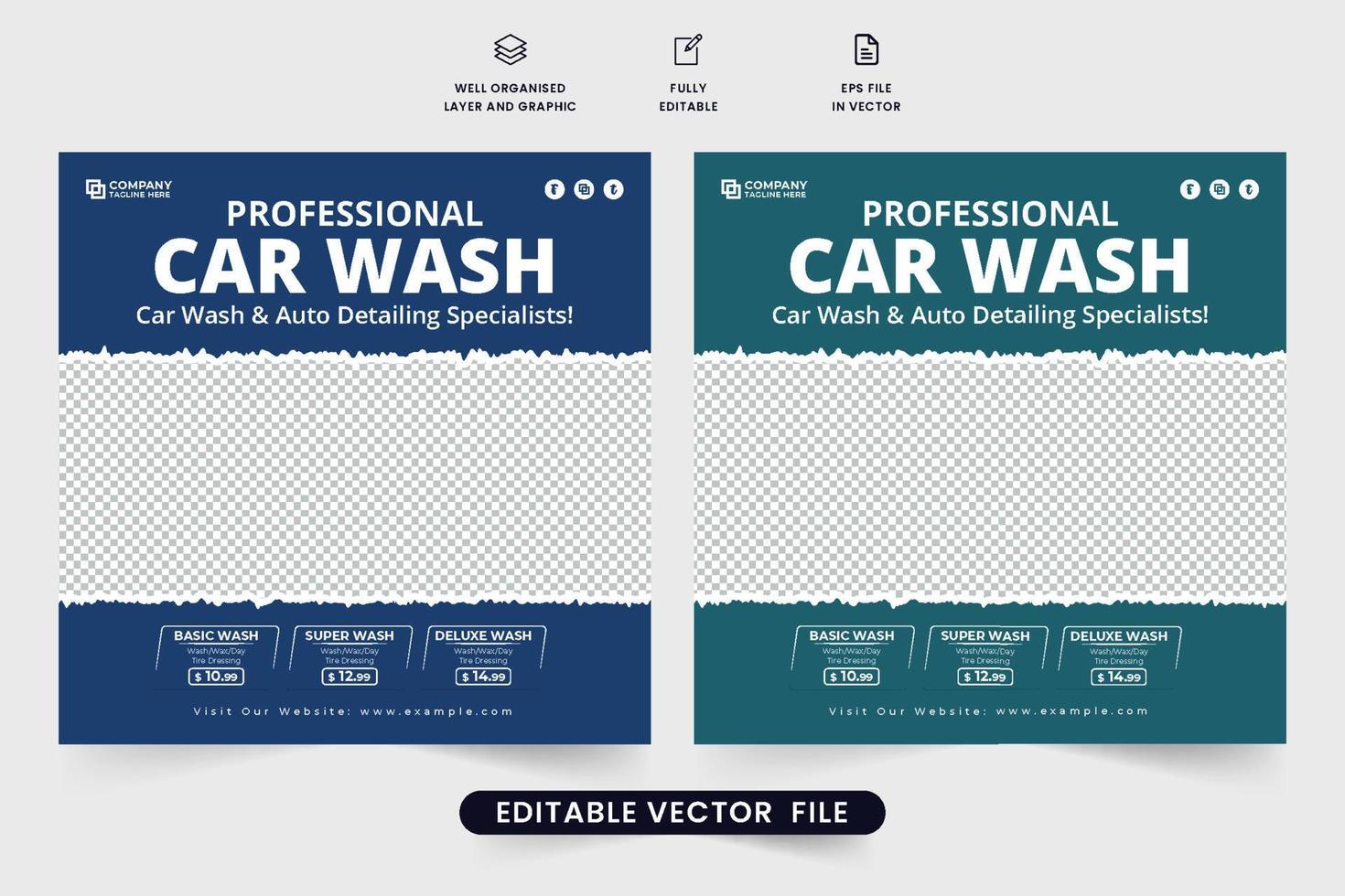 diseño de banner web de servicio de mantenimiento y limpieza de automóviles con colores azul oscuro. moderno vector de publicación de medios sociales de lavado de autos con efecto de pincel. vector de plantilla de anuncio de servicio de limpieza de vehículos.