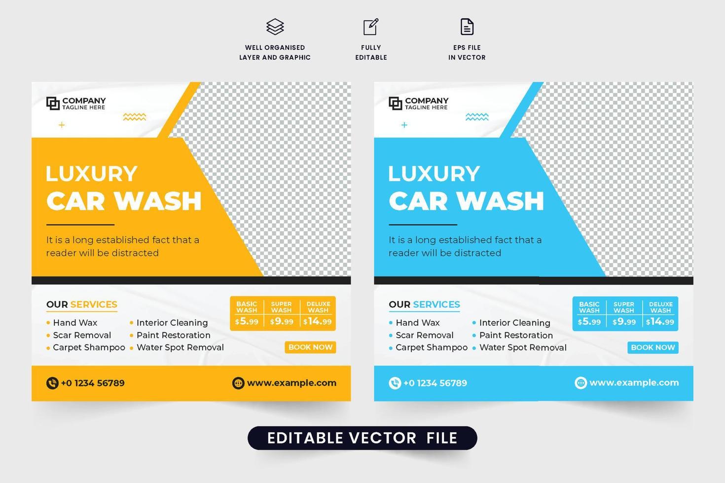 Car maintenance service promotional poster design with yellow and blue colors. Vehicle repair and cleaning business web banner template for digital marketing. Car wash social media post vector. vector