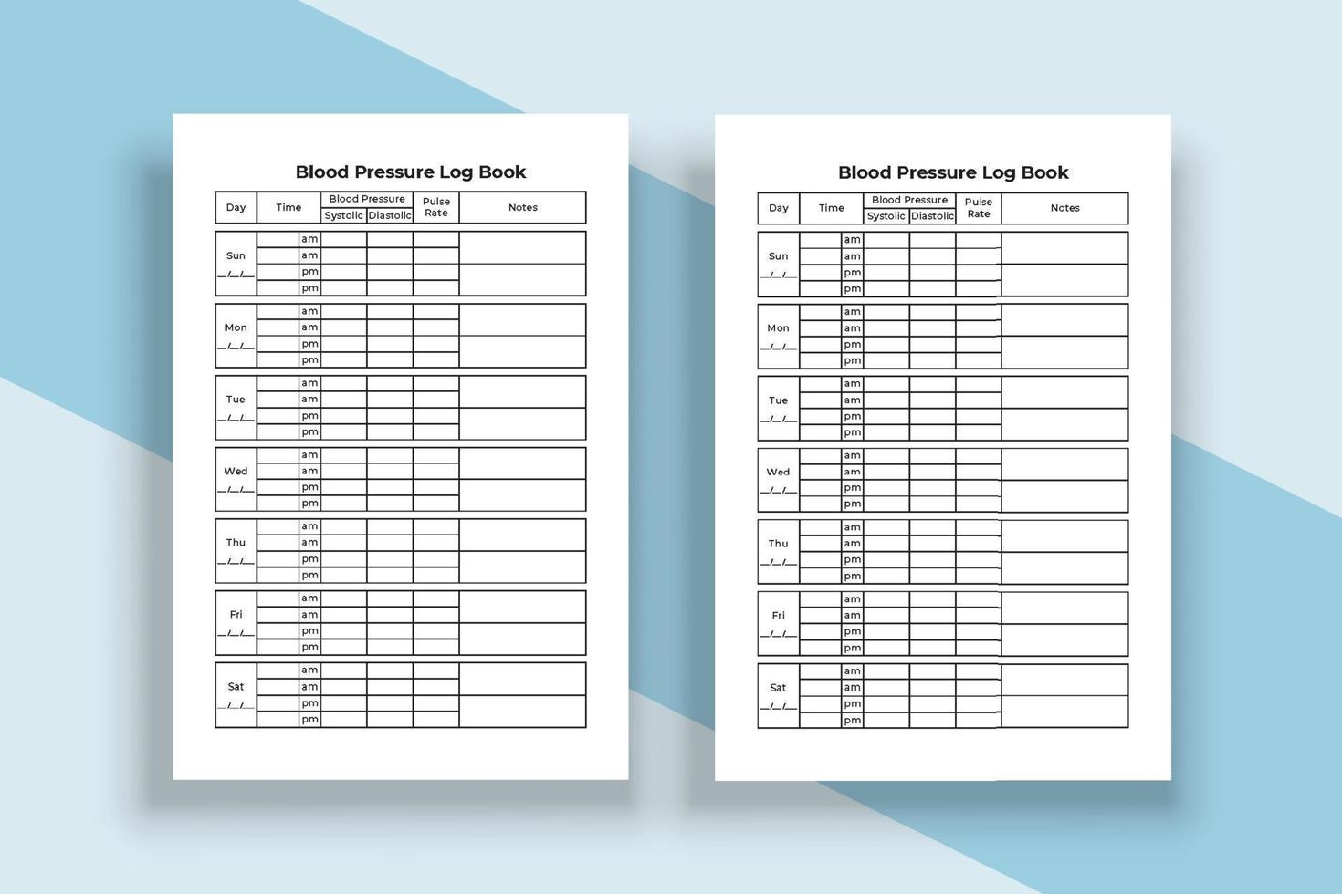 Blood pressure log book interior. Blood pressure journal and Pulse tracker. Logbook interior. Blood pressure tracker. Blood pressure notebook interior. Pulse tracker notebook. vector