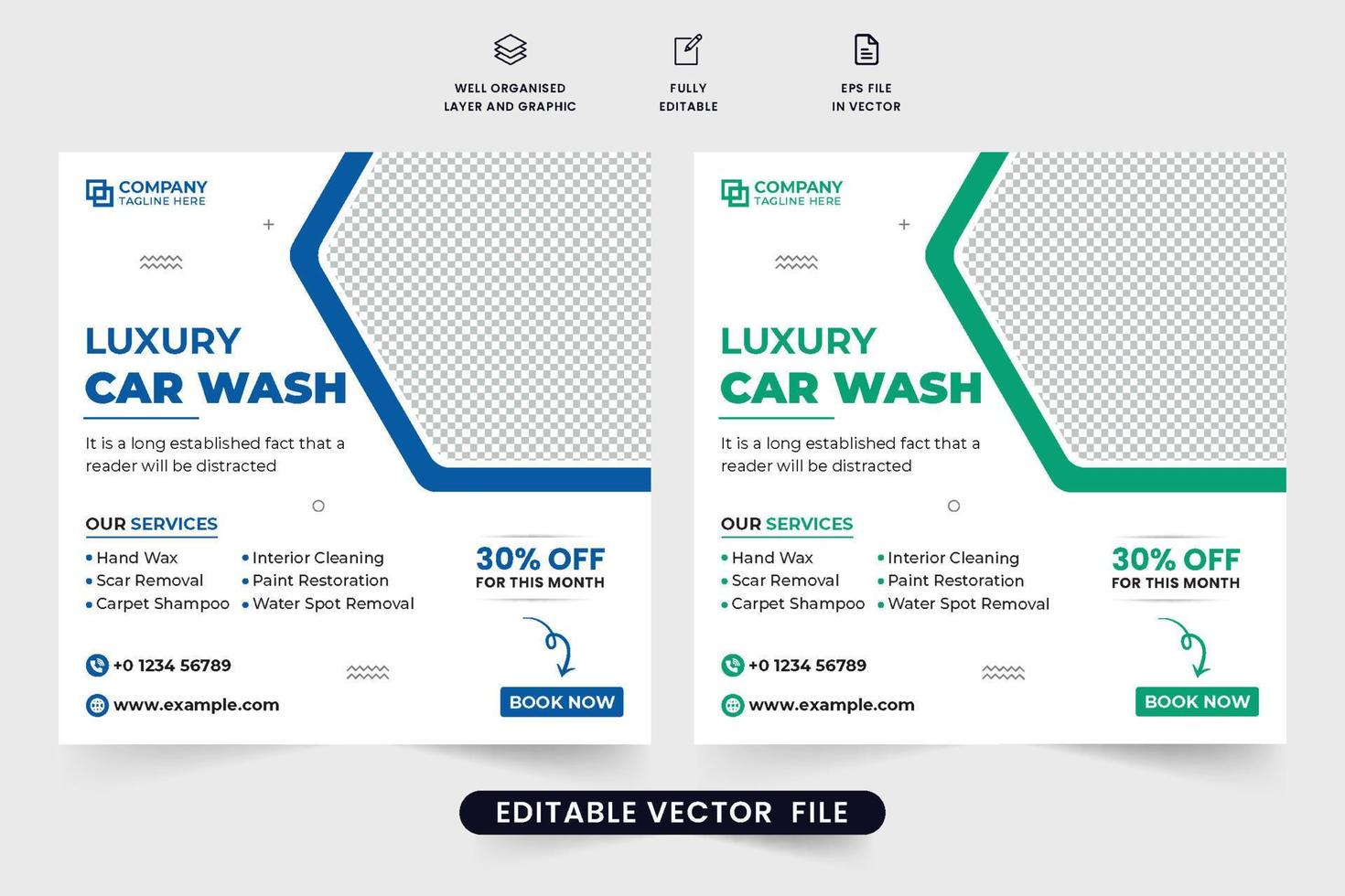 plantilla de negocio de lavado de autos moderno para marketing en redes sociales. diseño de banner web del servicio de limpieza de vehículos con colores azul y verde. plantilla promocional de negocios de reparación y limpieza de automóviles. vector