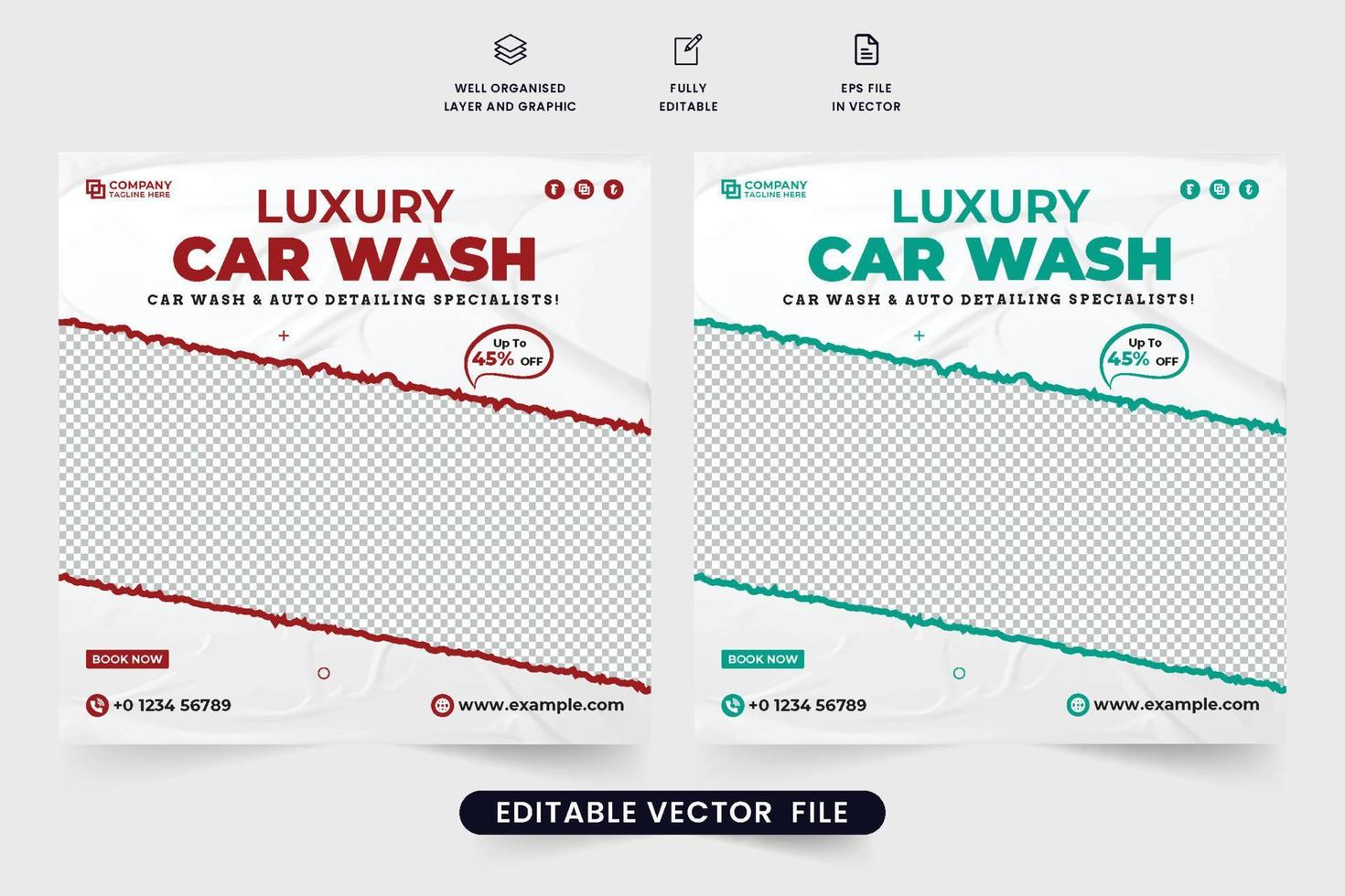 Luxury car wash business template design with red and aqua colors. Vehicle cleaning service social media post vector with abstract brush effect. Automobile cleaning and repair service promotion.