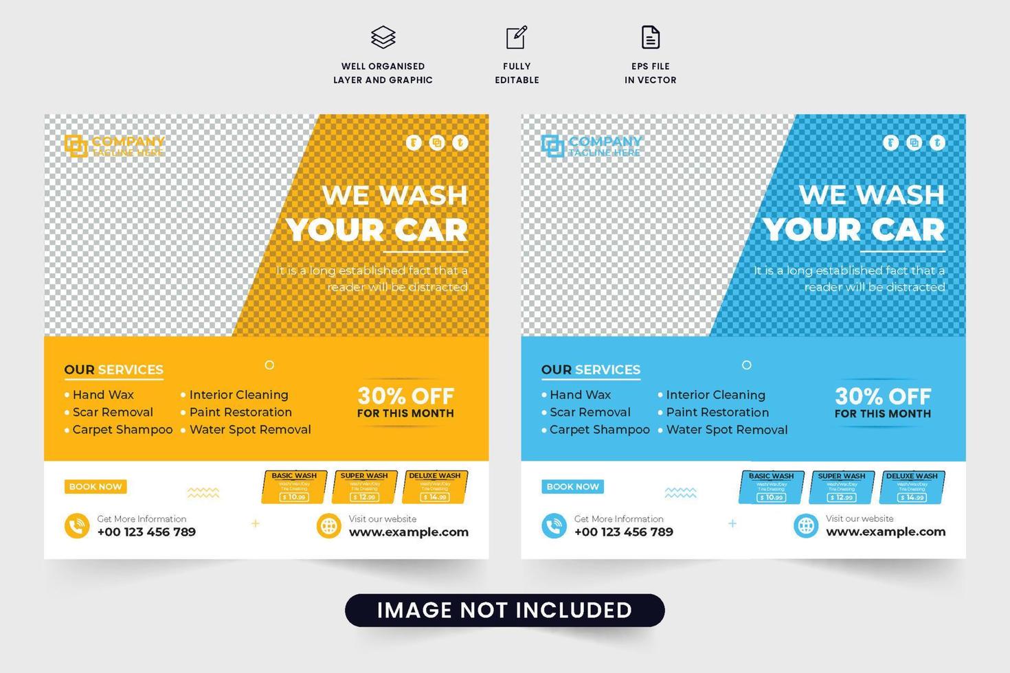 Vehicle cleaning service social media post vector with photo placeholders. Modern car maintenance service template design with yellow and blue colors. Car wash and repair business advertisement poster