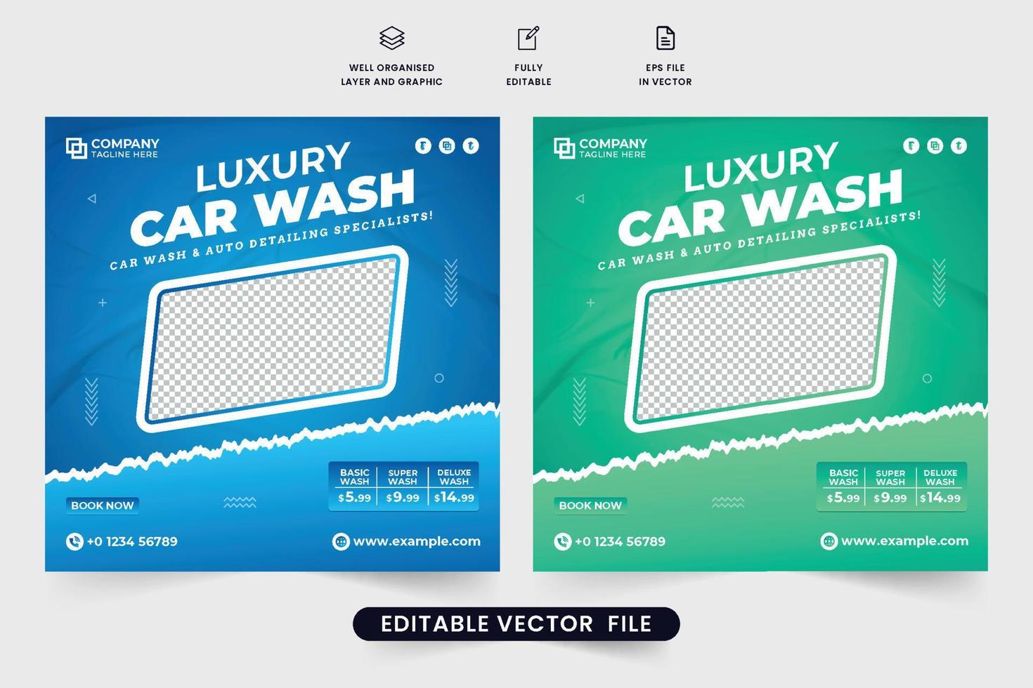 servicio creativo de lavado y mantenimiento de autos vector de publicación en redes sociales. diseño de banner web promocional de negocios de limpieza de automóviles con colores verde y azul. plantilla de póster de lavado de vehículos para marketing
