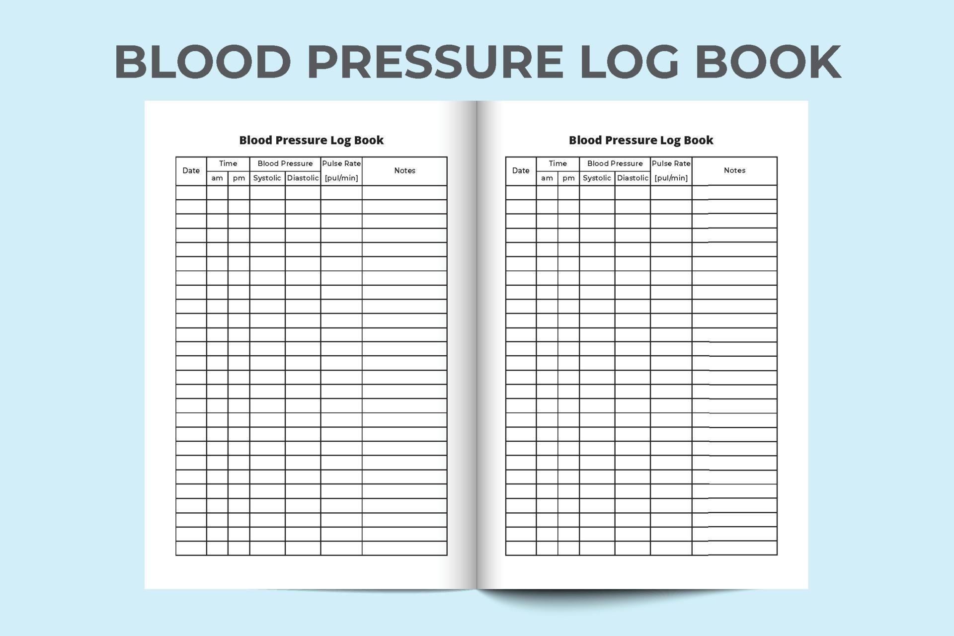 Blood pressure log book interior. Pulse tracker journal. Blood pressure