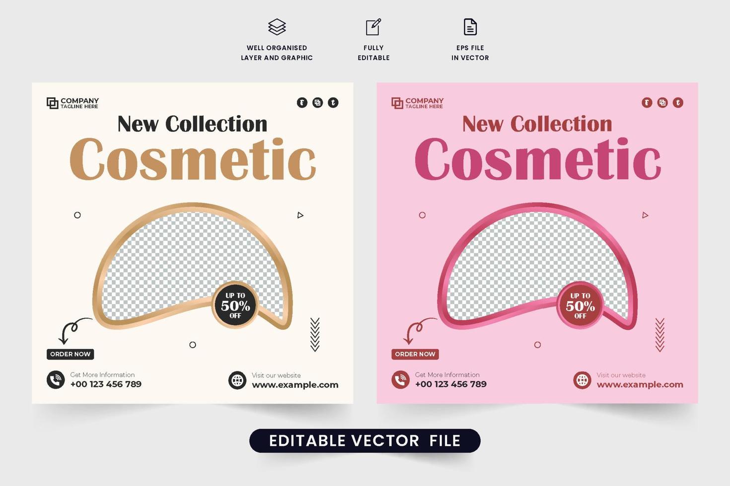 Exclusive cosmetic and beauty product sale social media post vector with abstract shapes. Modern cosmetic business promotional web banner design with golden and pink colors. Cosmetic discount template