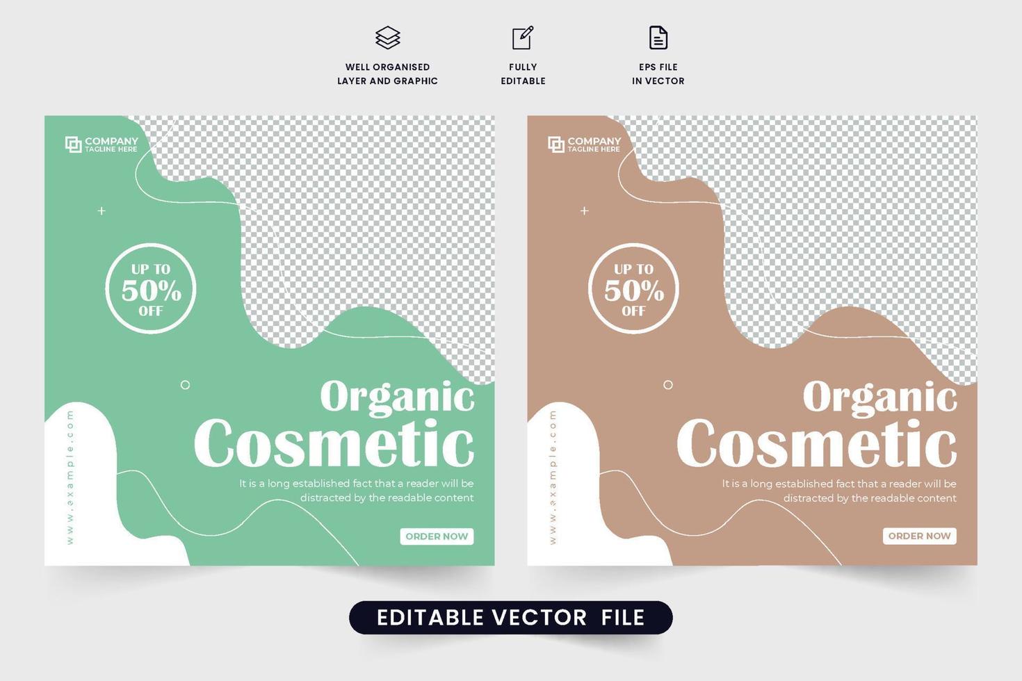 Organic cosmetic sale social media post vector with abstract shapes and photo placeholders. Skincare and beauty products advertisement web banner design. Cosmetic business promotional template vector.