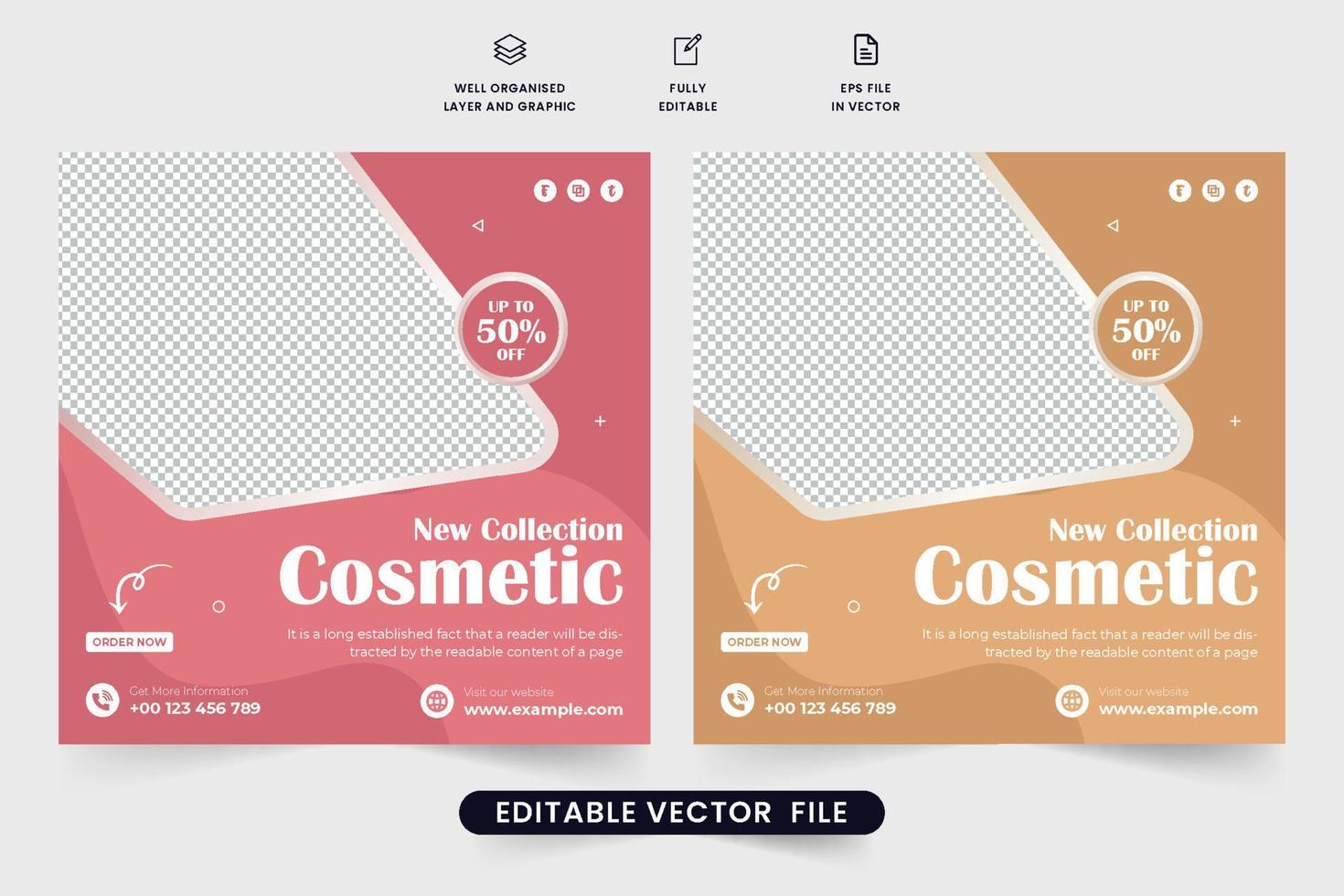 New cosmetic collection and beauty care product promotional web banner vector. Skincare product social media post design with pink and nude colors. Cosmetic store promotion and sale template vector. vector