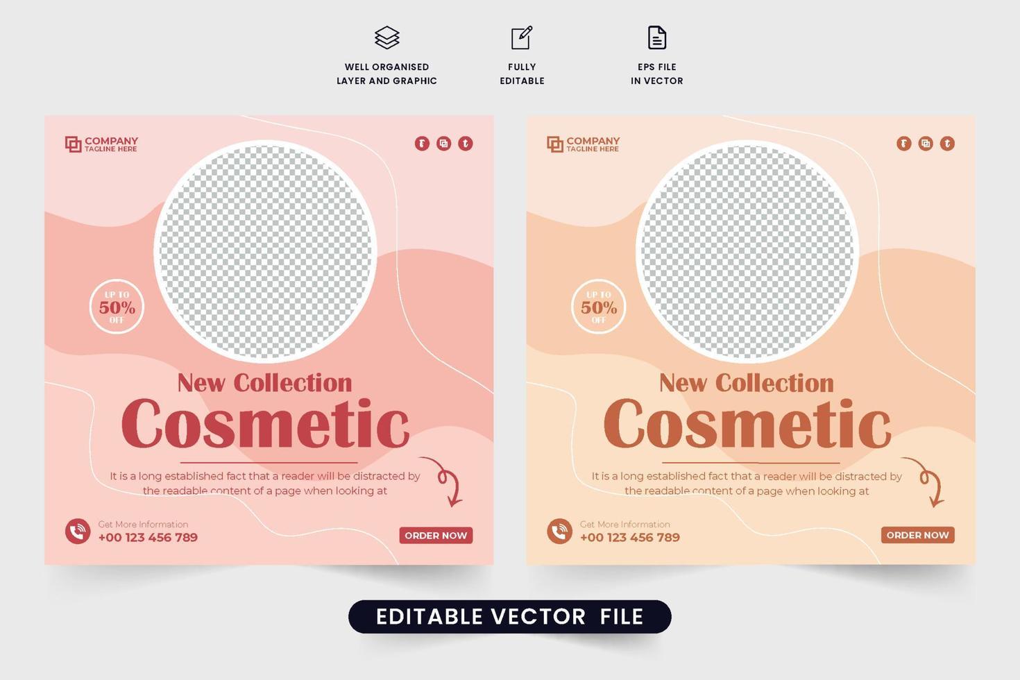 Cosmetic sale template design with discount offers for social media marketing. Exclusive cosmetic and skin care product promotional template vector. Beauty product advertisement poster vector. vector