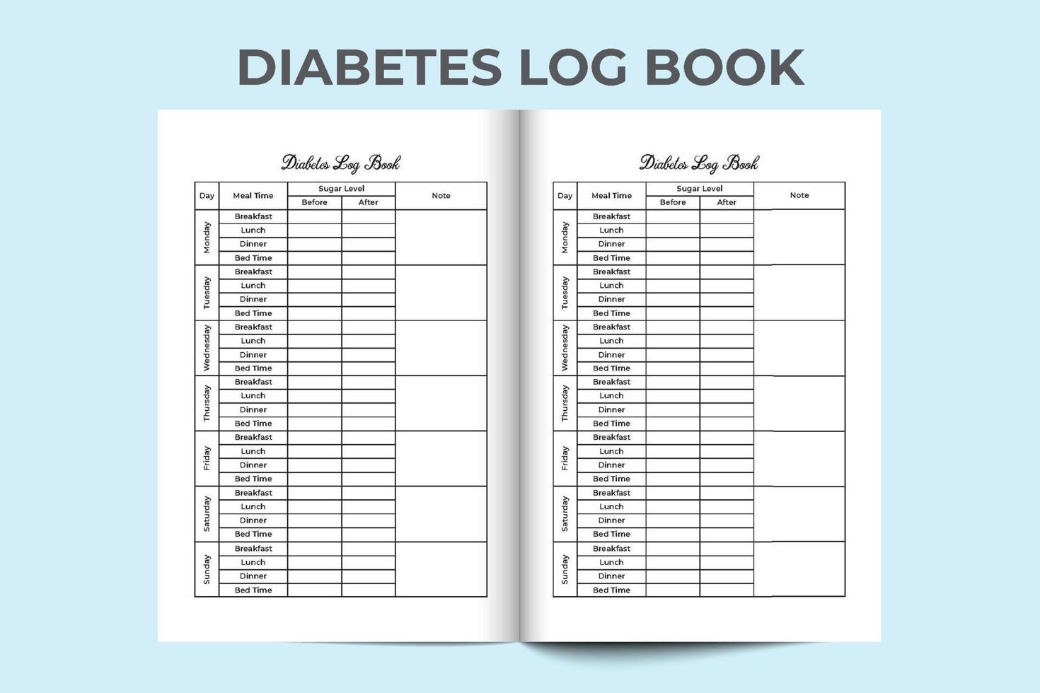 Diabetes tracker notebook interior. Weekly diabetes tracker log book. Medical tracker journal. Log book interior. Medical notebook and diabetes checker interior. vector