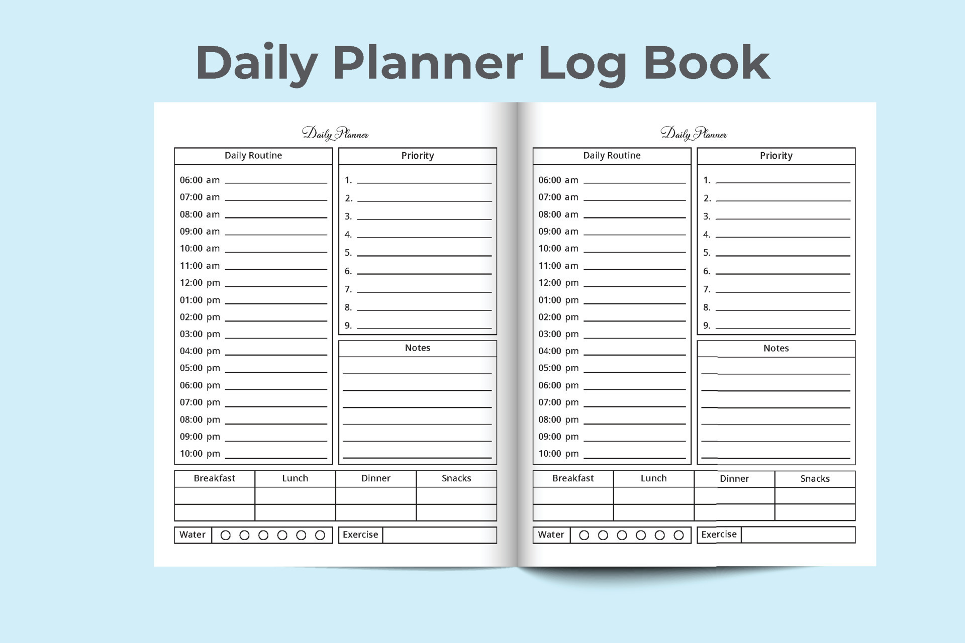 Daily planner log book interior. Daily routine planner notebook. Daily