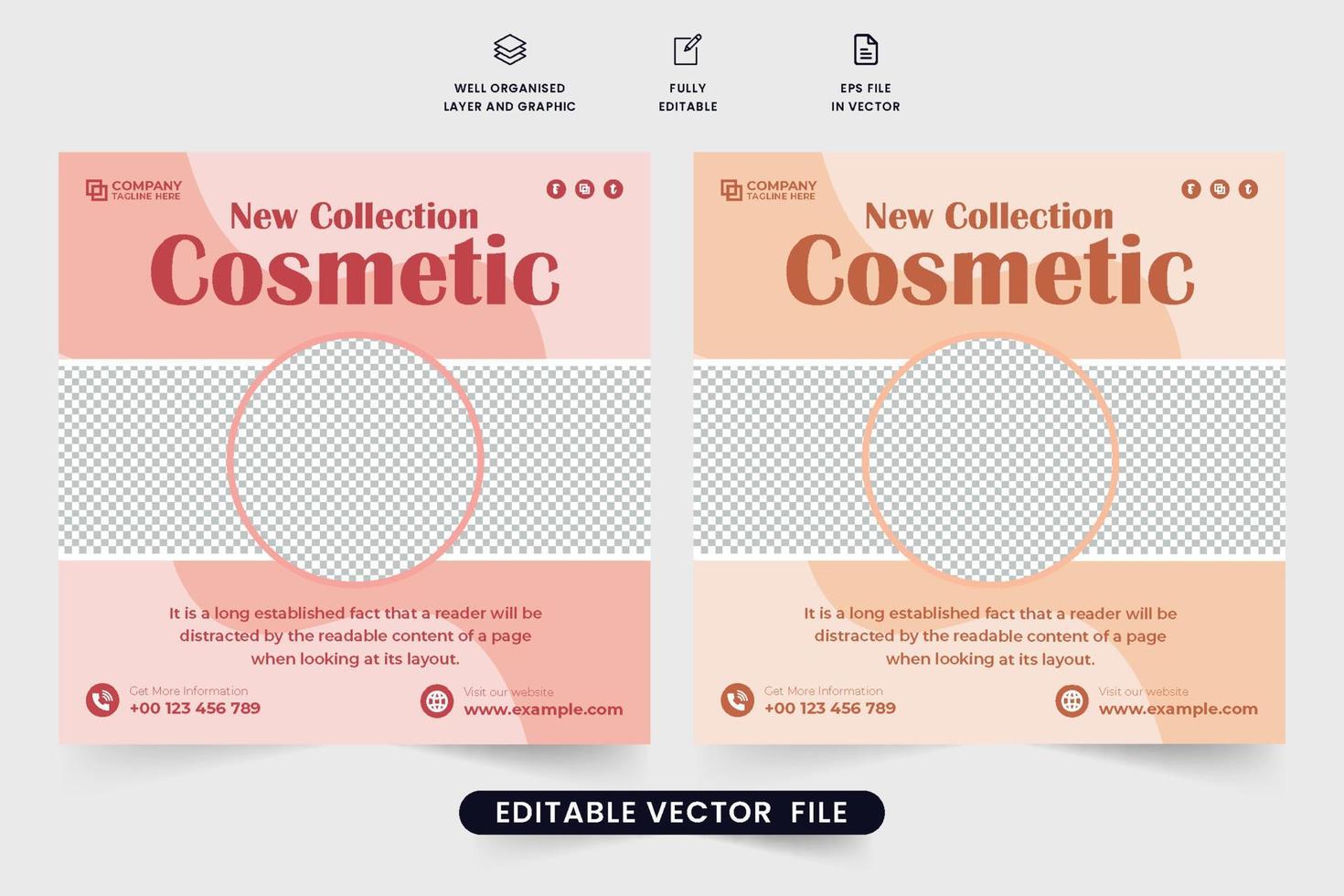 Cosmetic and beauty product promotional template vector with silk and pink colors. Beauty center and skin care product advertisement poster design. Modern cosmetic sale social media post vector.